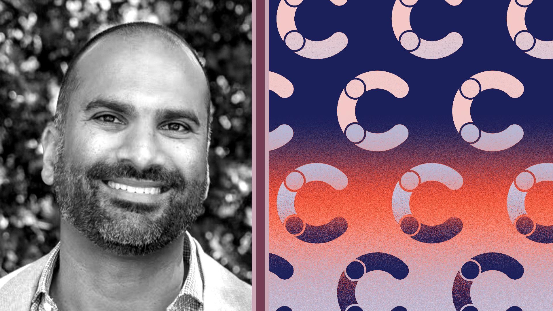 Photo illustration of Karthik Rau next to a pattern of Contentful logos.