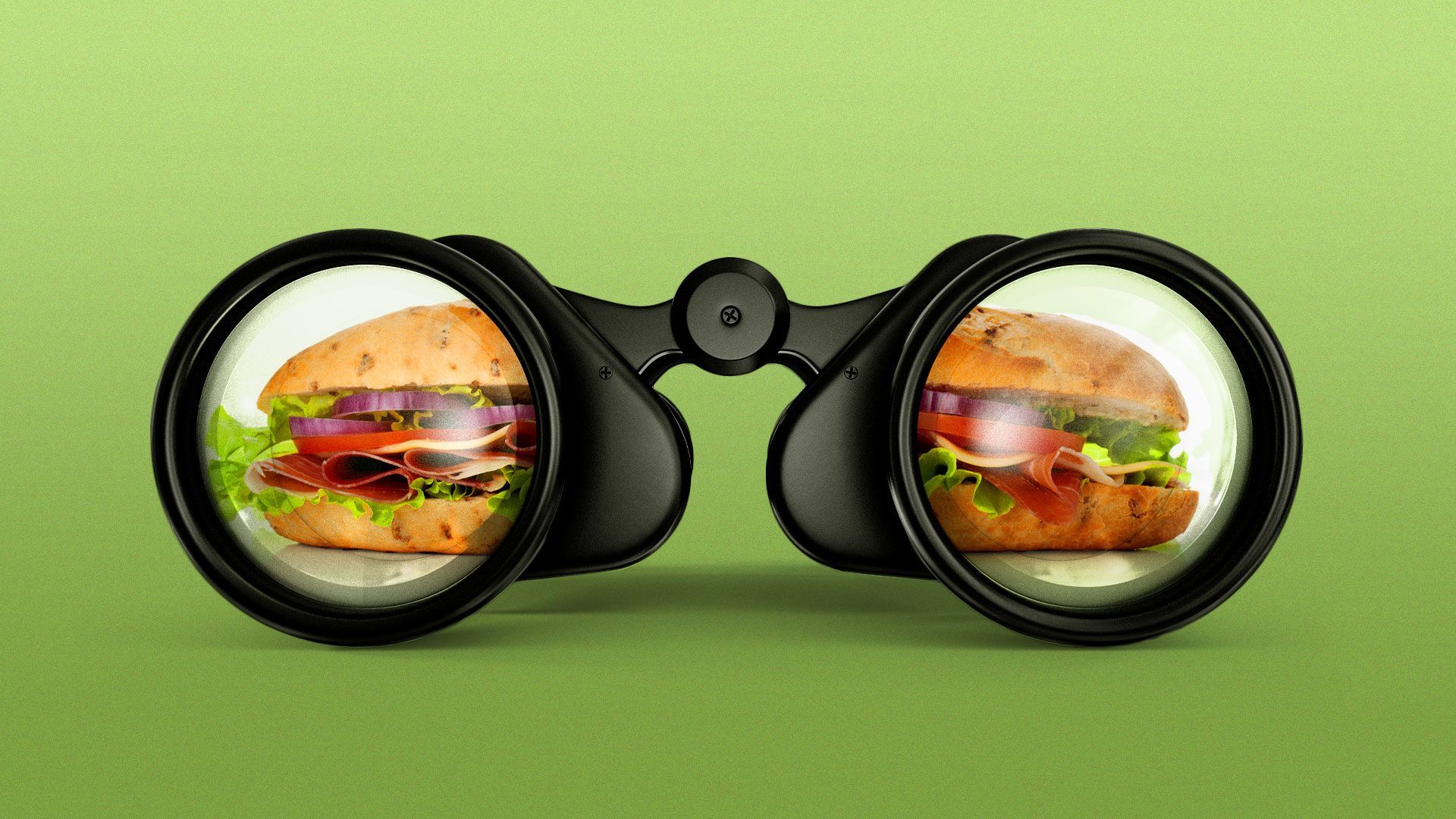 Illustration of a pair of binoculars with a sandwich reflected in the lenses.