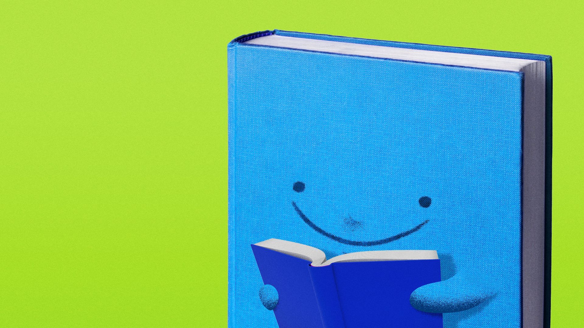 Illustration of a book smiling and reading another book. 