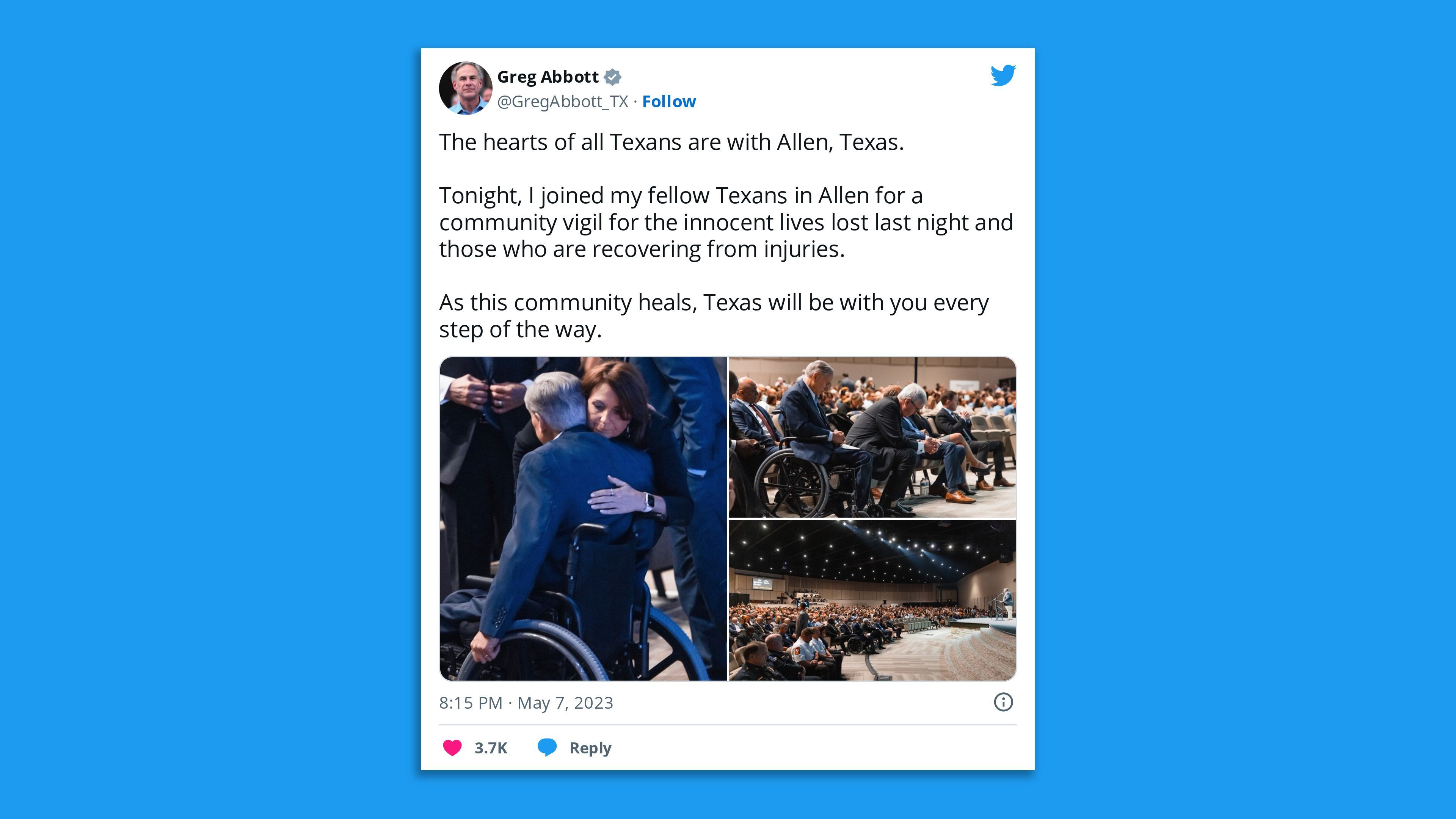 A screenshot of a tweet by Texas Gov. Greg Abbott showing photos of him at a vigil for the Allen shooting victims with the caption "The hearts of all Texans are with Allen, Texas.  Tonight, I joined my fellow Texans in Allen for a community vigil for the innocent lives lost last night and those who are recovering from injuries.   As this community heals, Texas will be with you every step of the way."