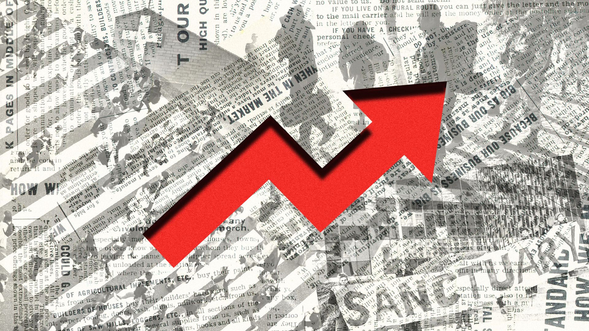 Photo illustration of an upward trend line, a newspaper featuring Central American migrant families, immigration protests, people crossing a busy city street, and a church