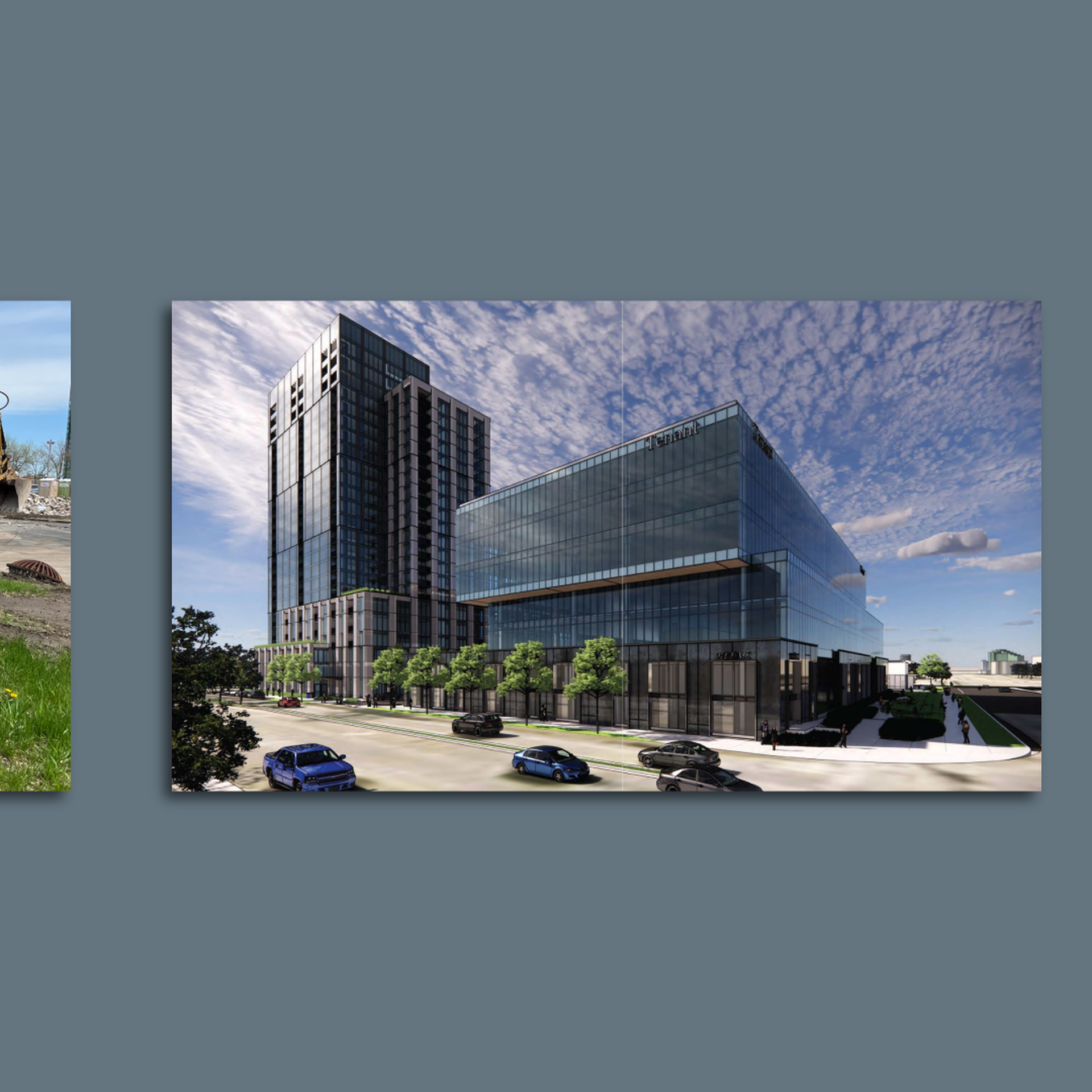 A demolished building on the left; a rendering of a new project on the right 