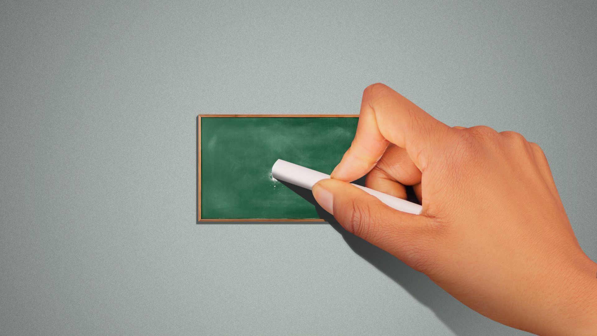 Illustration of a teacher's hand trying to write on a tiny chalkboard. 