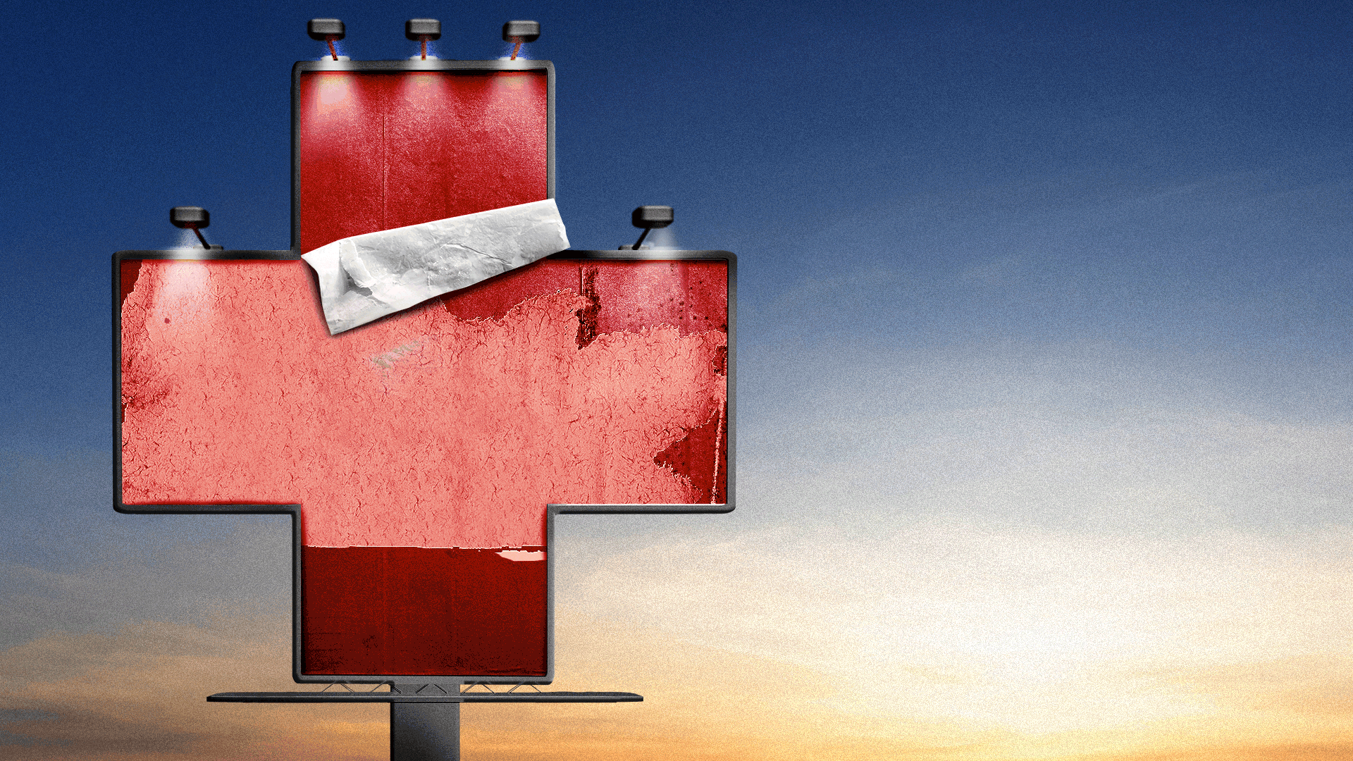 Illustration of lights flickering on a billboard shaped like a plus sign.