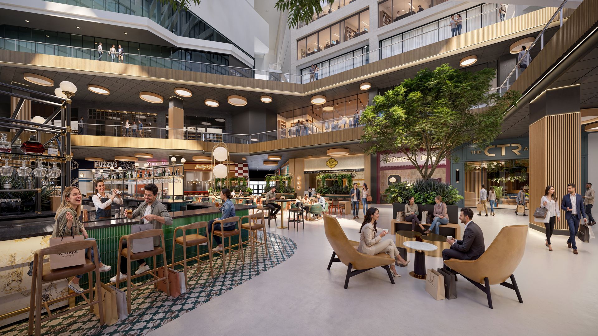 A rendering of a modern shopping mall interior with multiple levels, green plants, and wood accents. People socialize at a bar, sit in tan chairs, and walk around stores under natural light.