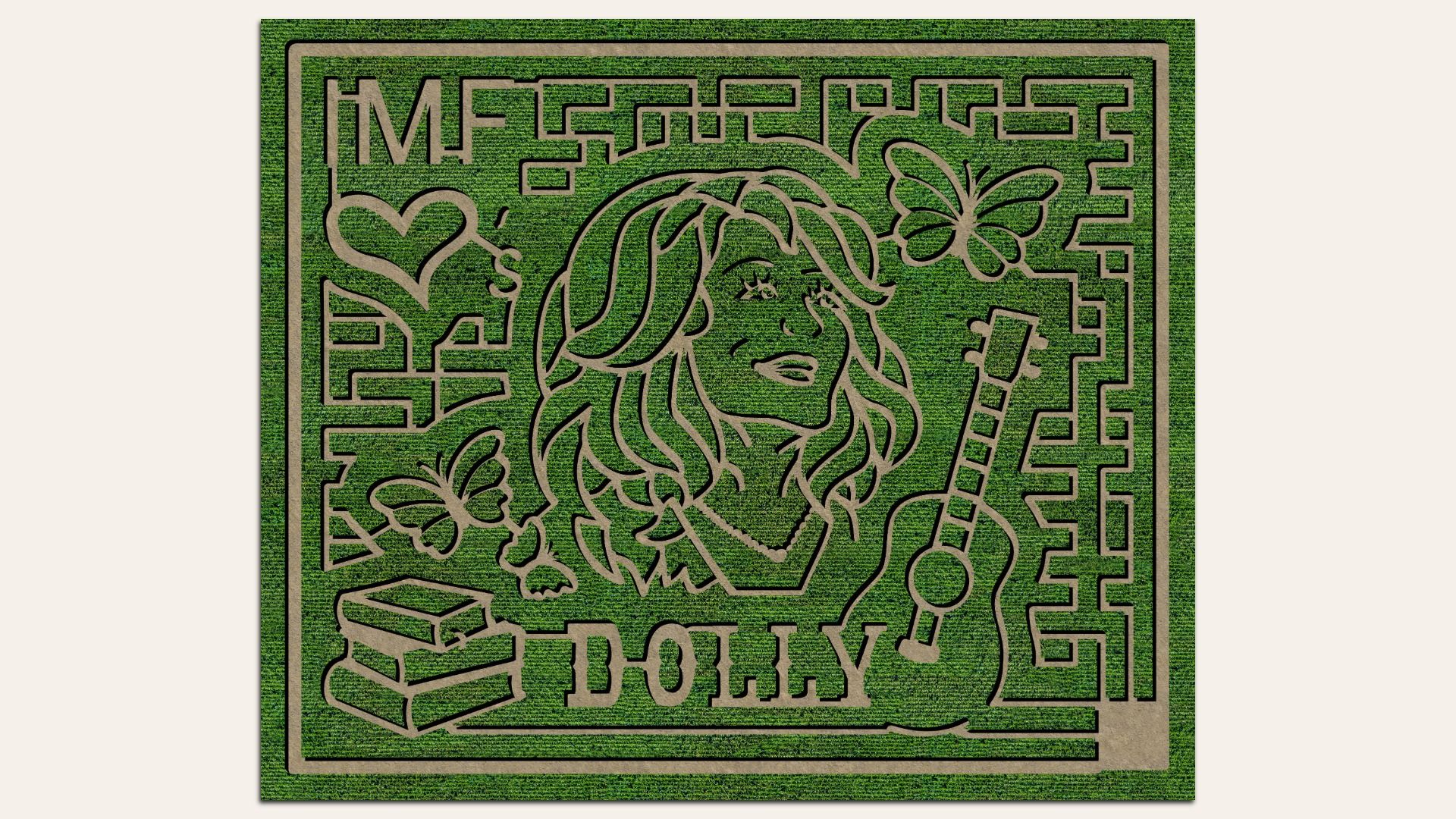 Green textured doormat with beige raised line art showing a woman’s portrait, a butterfly, a heart, a gift box, and a bordered maze frame on a grass-like surface.