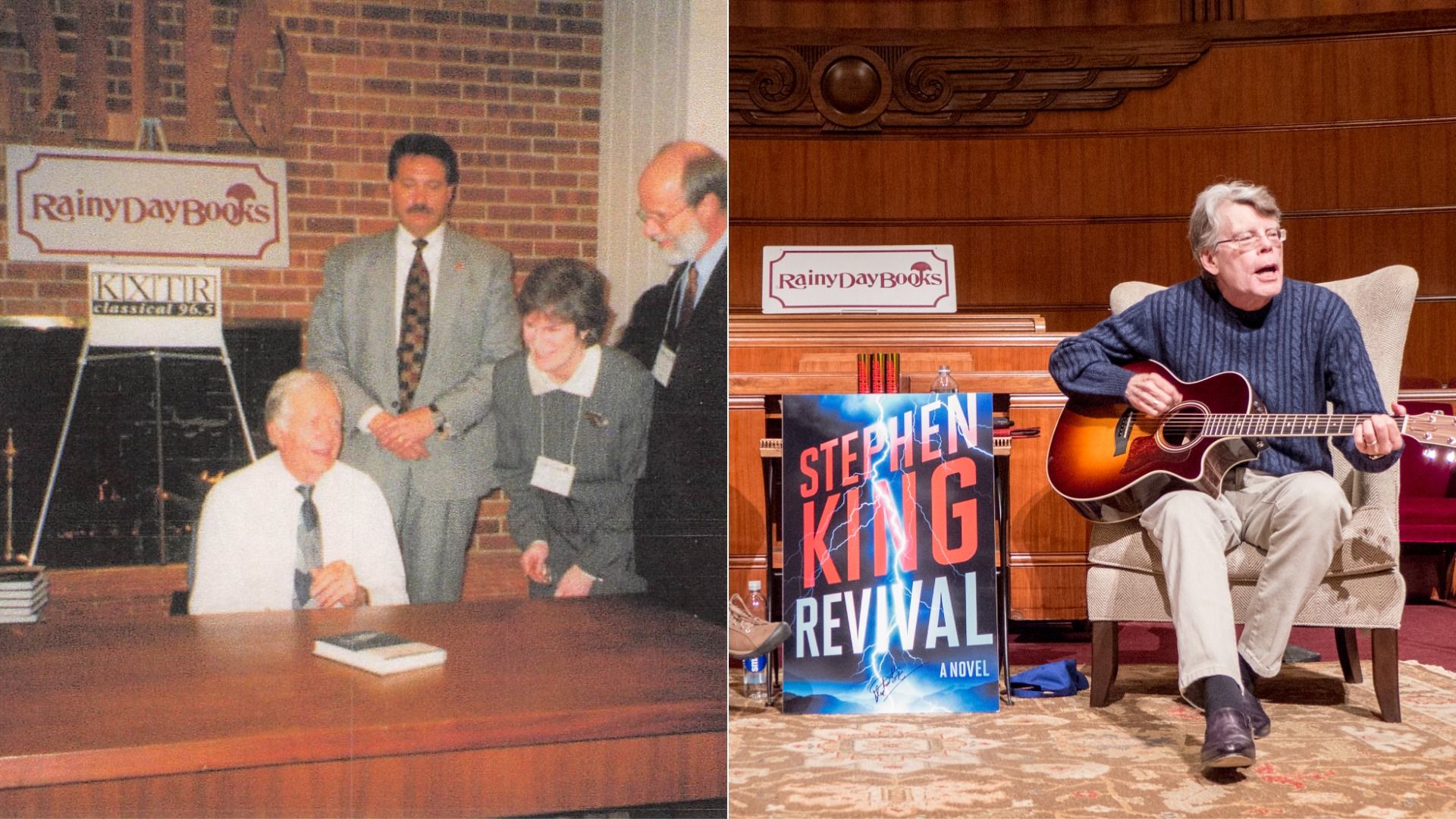 Two photos of Rainy Day Books events: on left, President Jimmy Carter signing books at a table with Vivien Jennings nearby; on right, author Stephen King sitting and playing guitar with a poster of his novel "Revival".