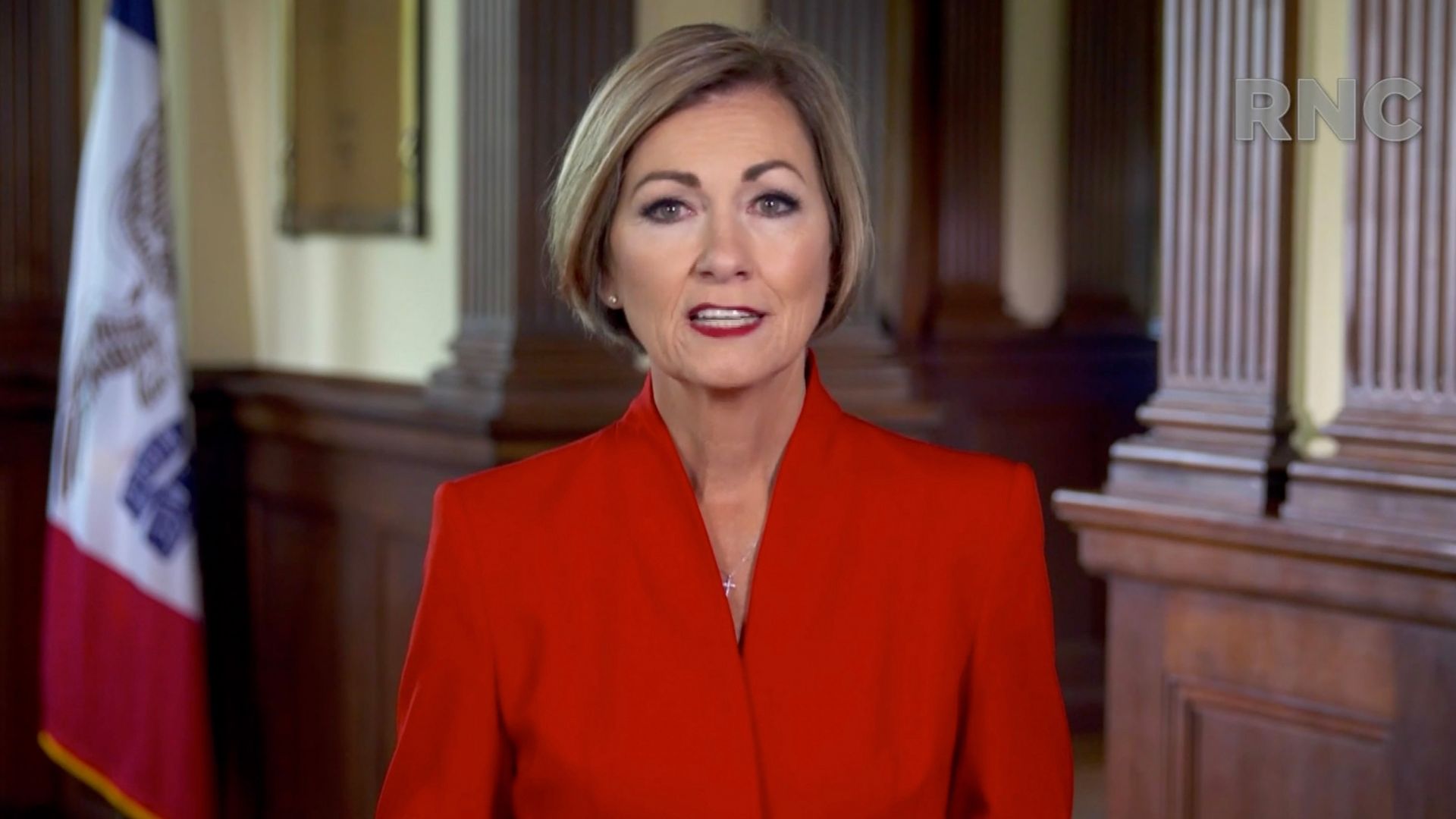 Iowa Gov. Kim Reynolds speaks into a camera during the 2020 Republican National Convention.