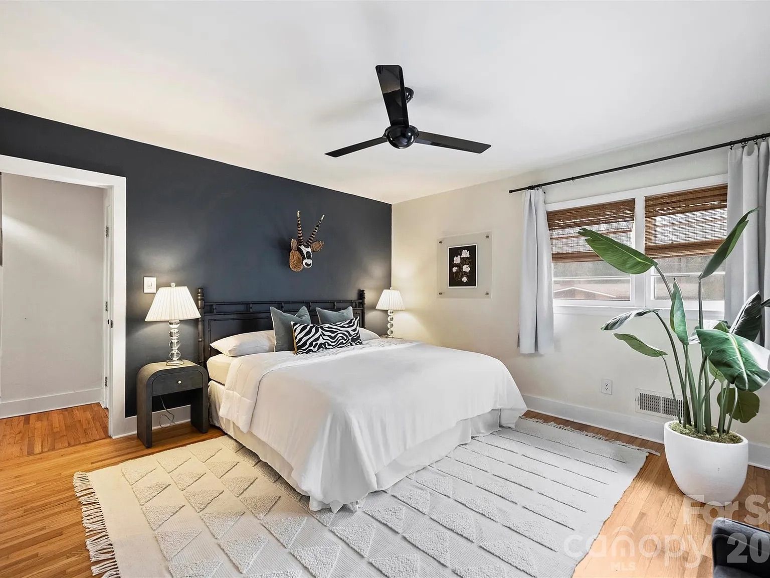 Modern bedroom with white walls and one dark gray accent wall, large white bed with patterned pillows, two bedside lamps, ceiling fan, stereo wall decor, and a large potted plant near the window.