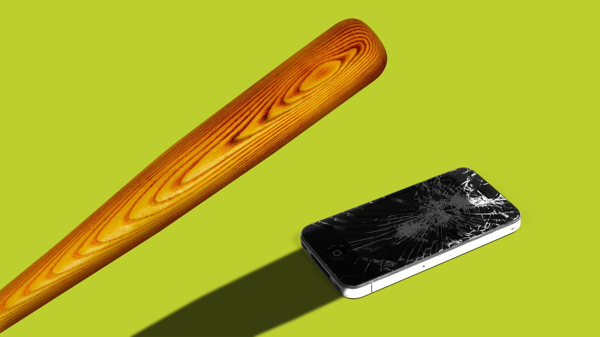 Illustration of a baseball bat hovering over a broken cell phone. 