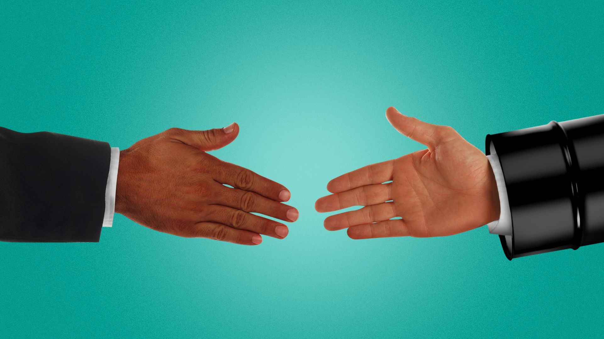 Illustration of two hands shaking, one of the hands has an oil barrel as a suit sleeve.