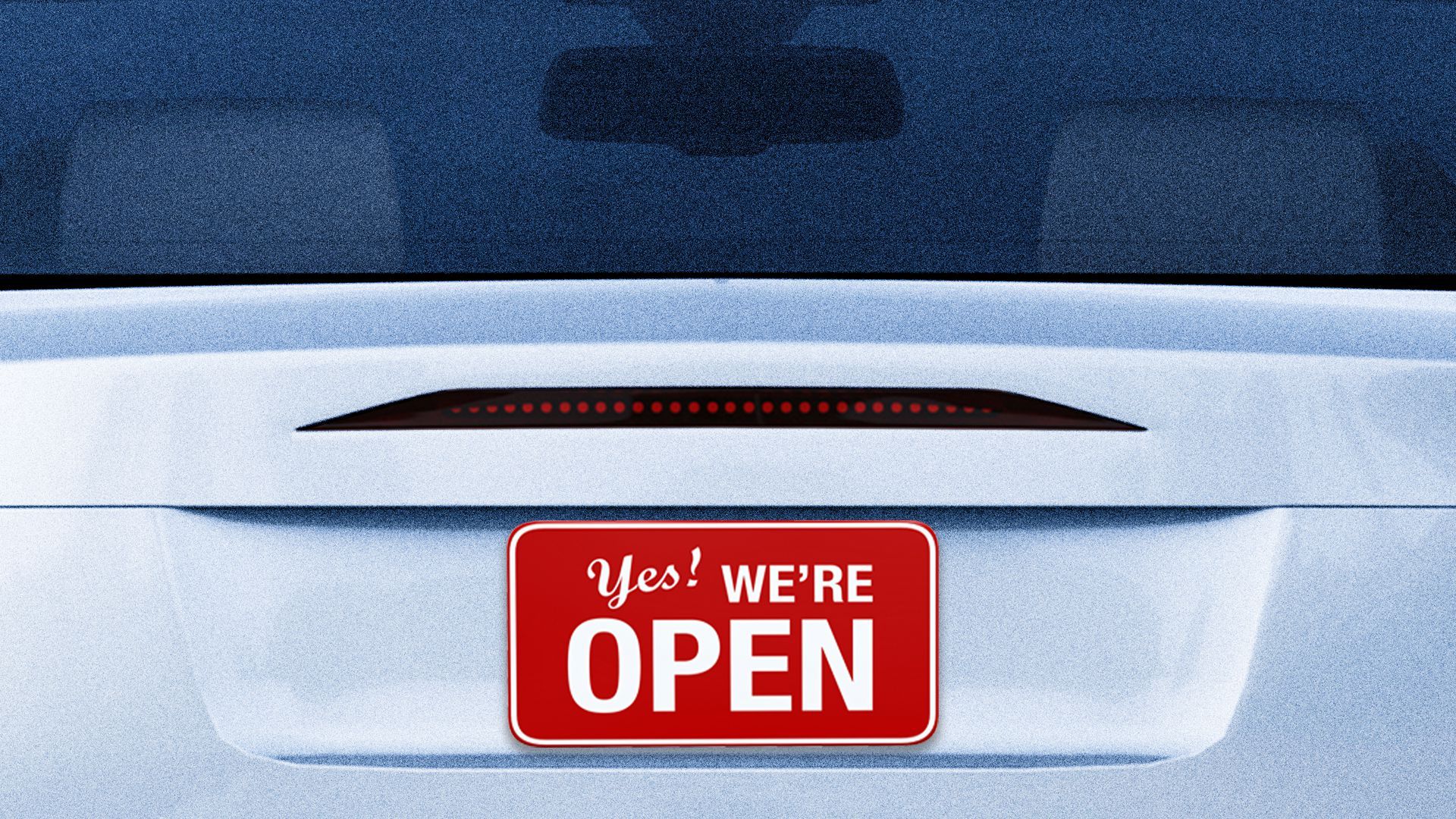 Illustration of a car with an "open" sign for a license plate