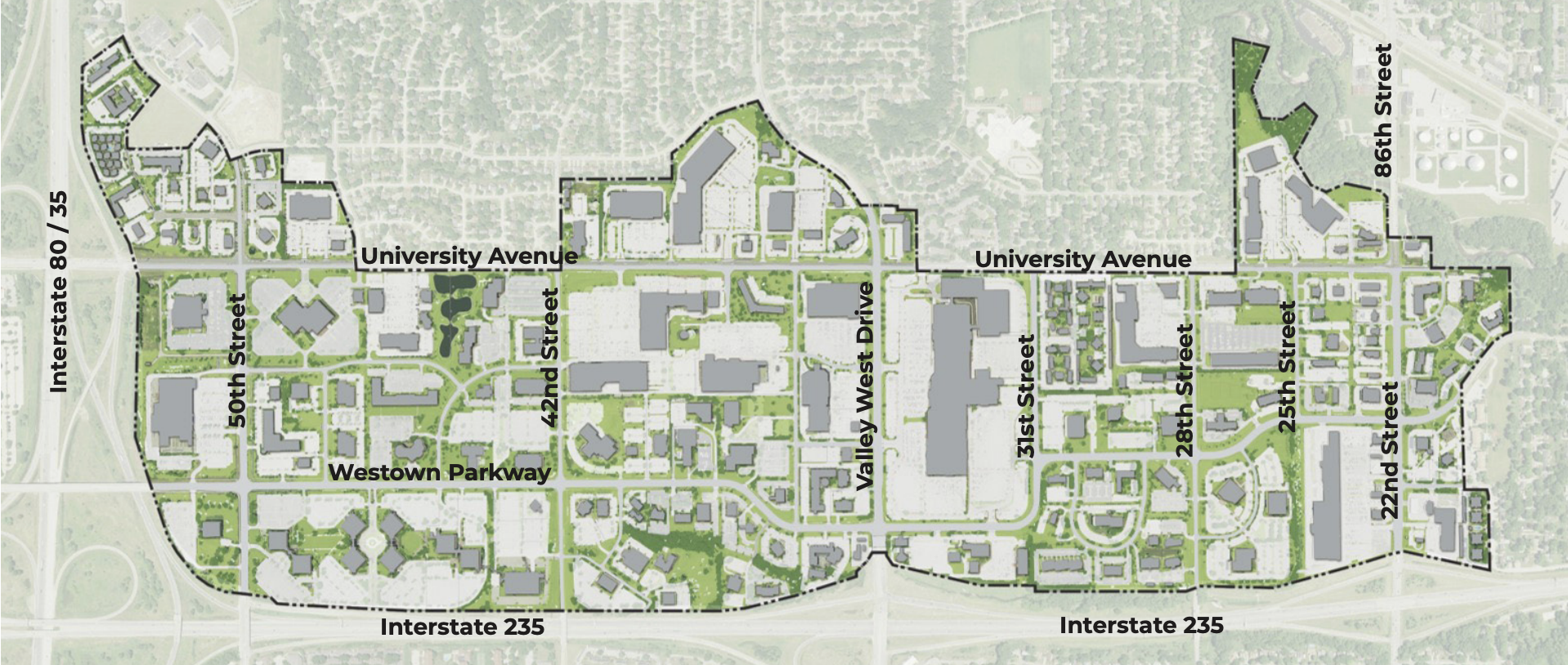 Map showing an urban area bordered by Interstate 80/35 and Interstate 235 with major streets labeled including University Avenue, Westown Parkway, 50th, 42nd, Valley West Drive, 31st, 28th, 25th, 22nd, and 86th Street.