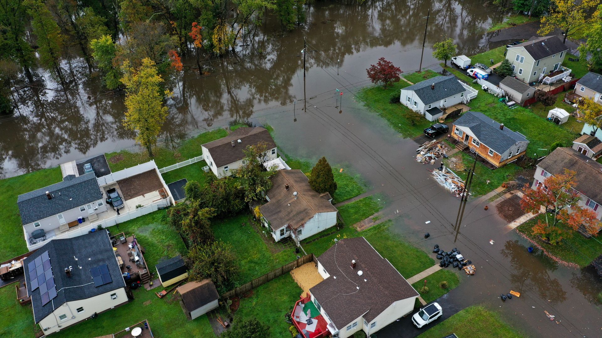 An aerial view of a residential area in Middlesex County as floodwater covers streets that norâeaster left behind flash floods east coast, in New Jersey, United States on October 26
