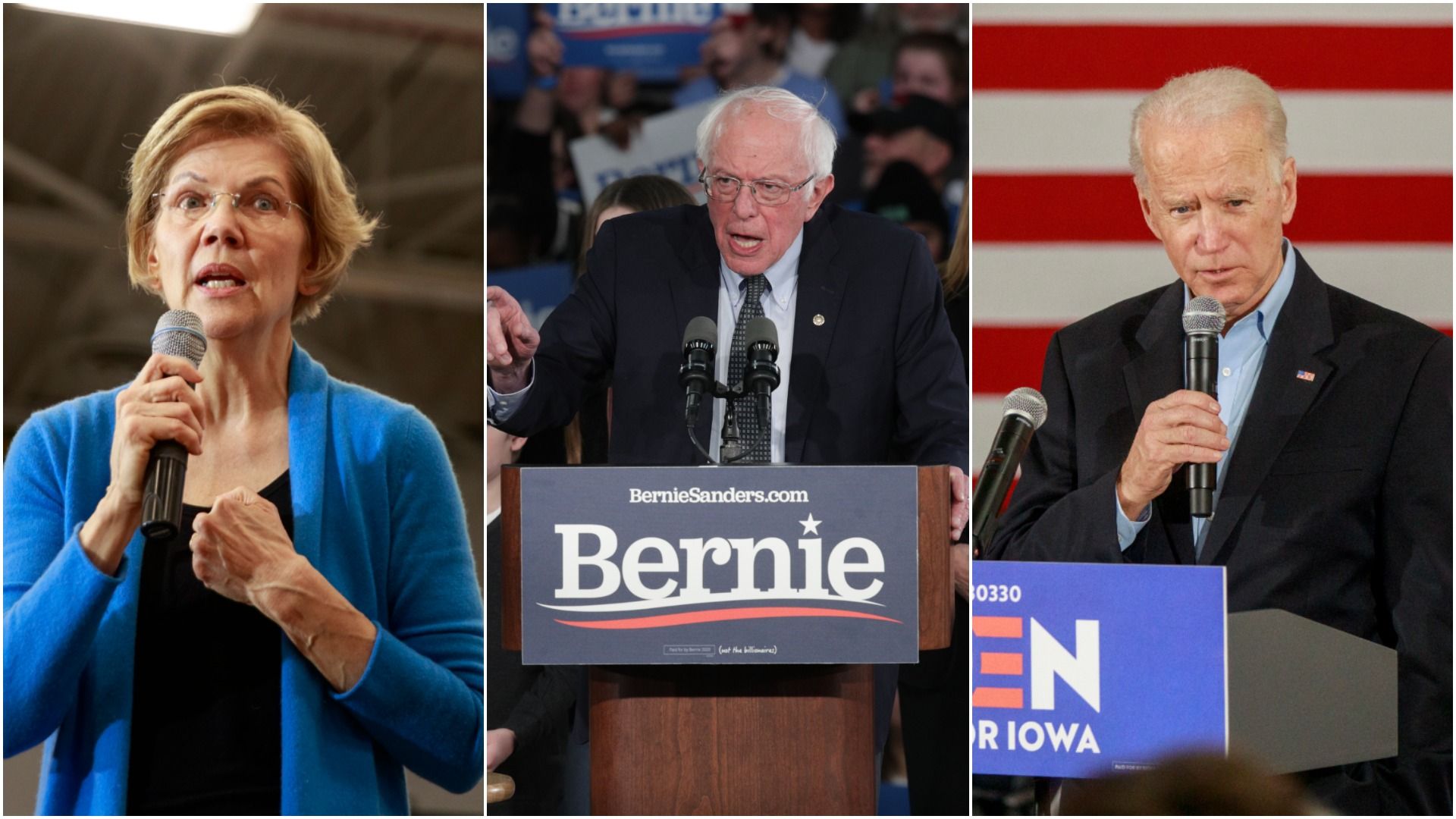 Split pic of Elizabeth Warren, Bernie Sanders and Joe Biden