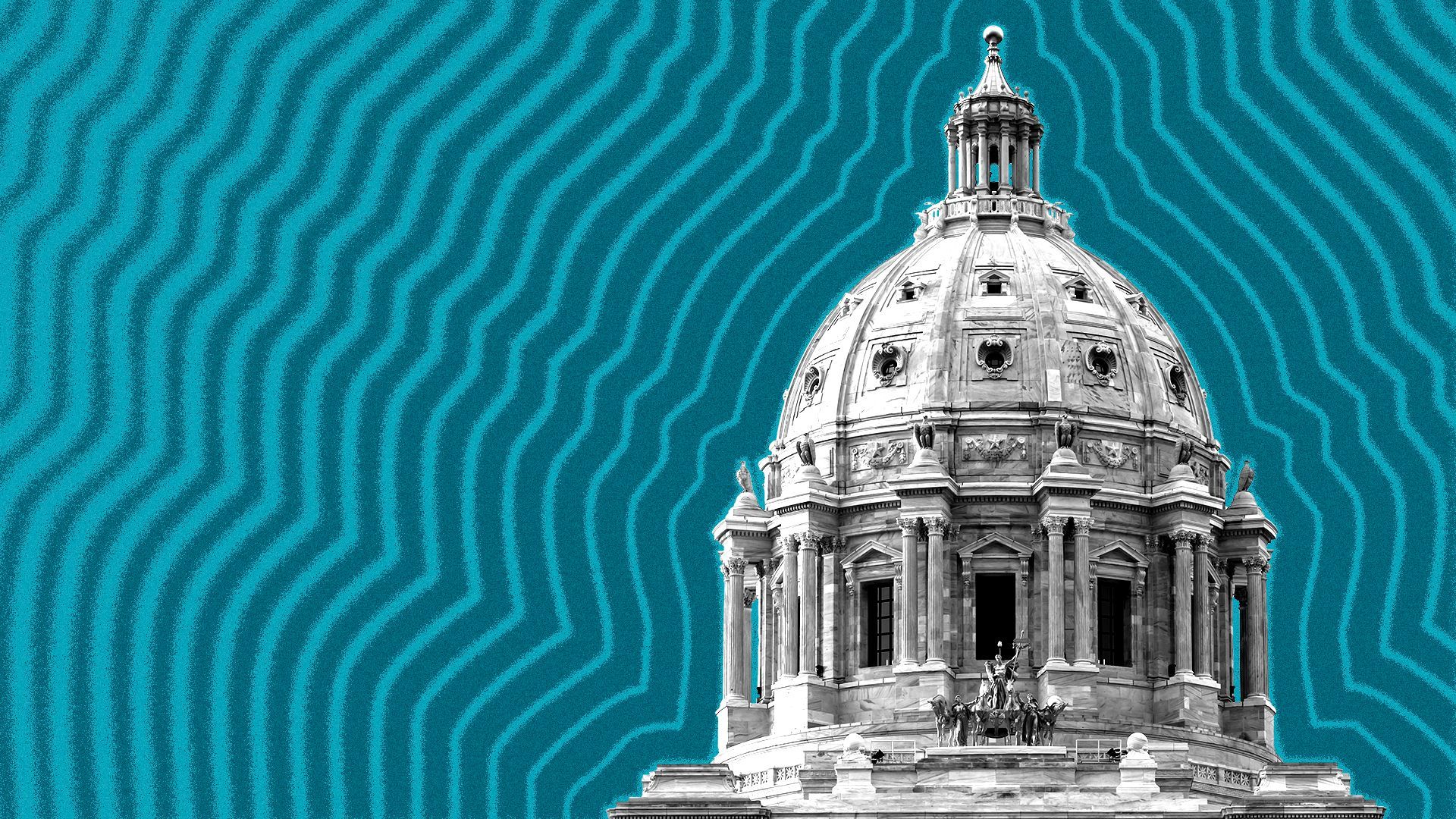 Illustration of the Minnesota State Capitol with lines radiating from it. 
