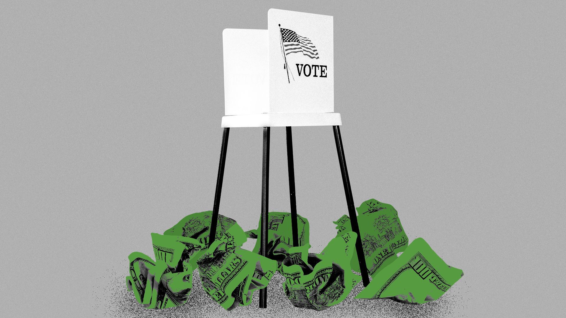 Illustration of a voting booth surrounded by crumpled hundred-dollar bills.