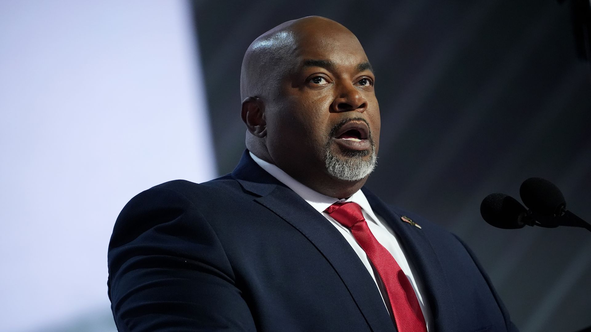 North Carolina Lt. Gov. Mark Robinson speaks on stage on the first day of the Republican National Convention at the Fiserv Forum on July 15, 2024 in Milwaukee, Wisconsin.