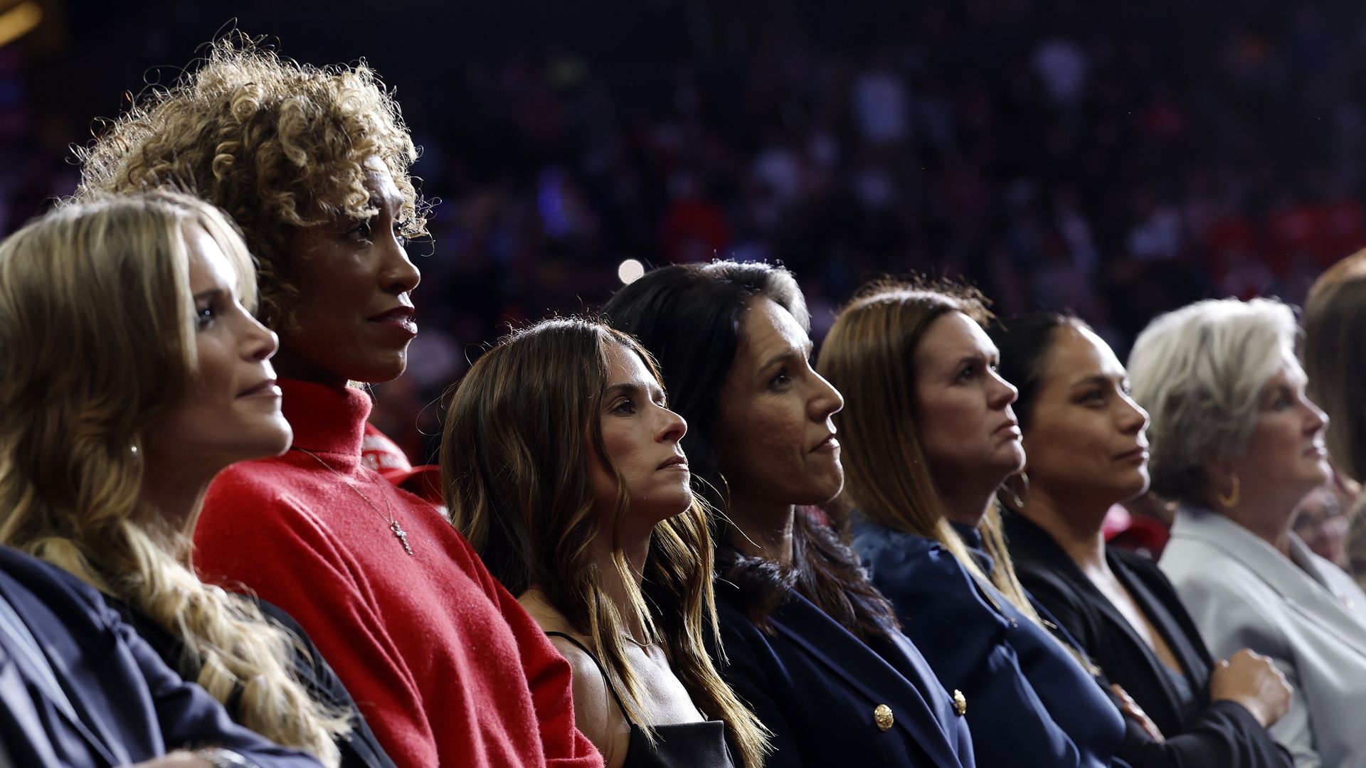 PITTSBURGH, PENNSYLVANIA - NOVEMBER 04: (L-R) Media personality Megyn Kelly, former ESPN anchor Sage Steele, former NASCAR driver Danica Patrick, former Democratic Hawaii congresswoman Tulsi Gabbard, Arkansas Governor Sarah Huckabee Sanders, Vrindavan Gabbard Bellord and Trump campaign senior adviso