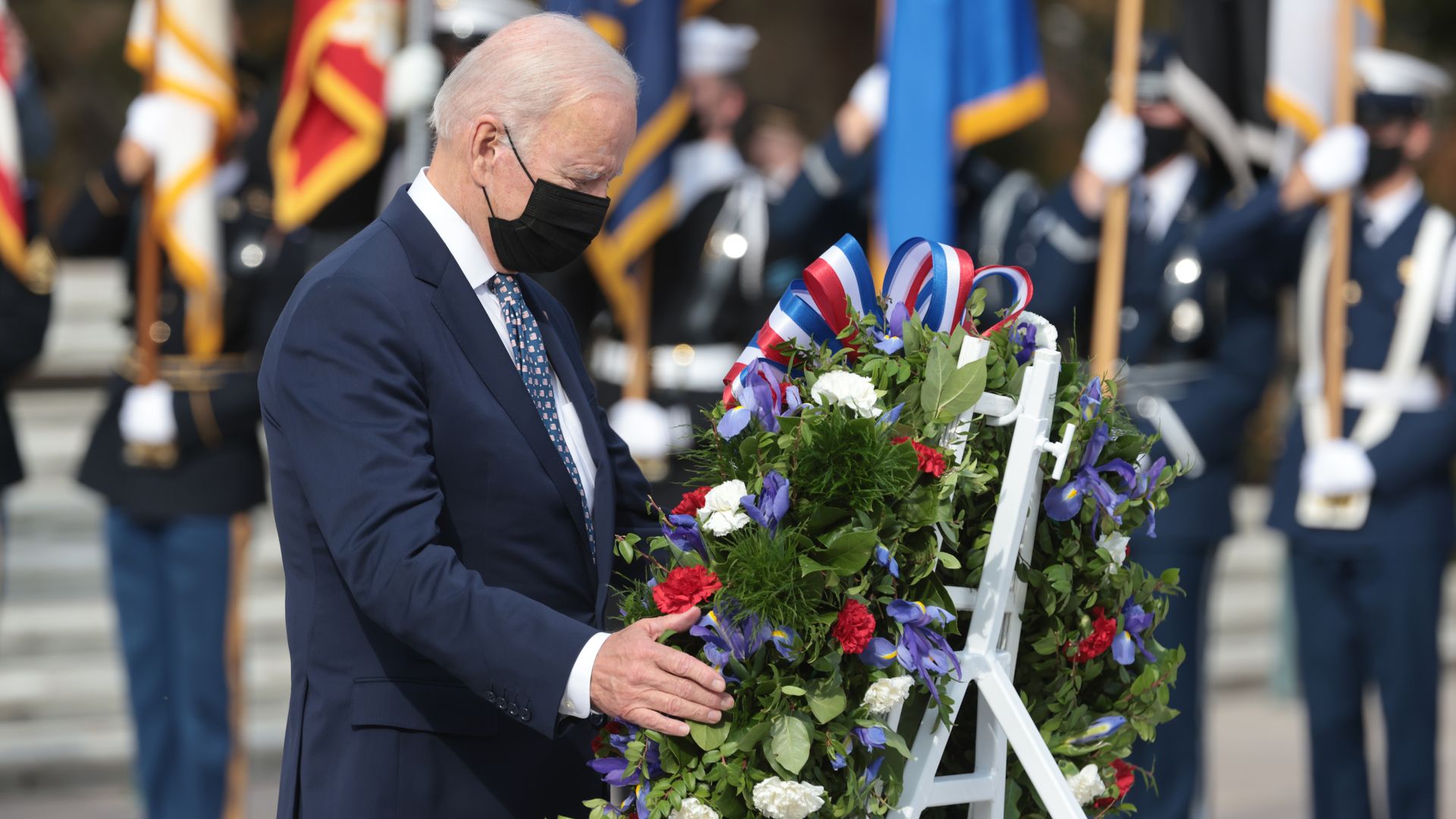 President Biden laying a wreath at the 100th anniversary of the Tomb of the Unknown Soldier at Arlington National Cemetery on Nov. 11, 2021.