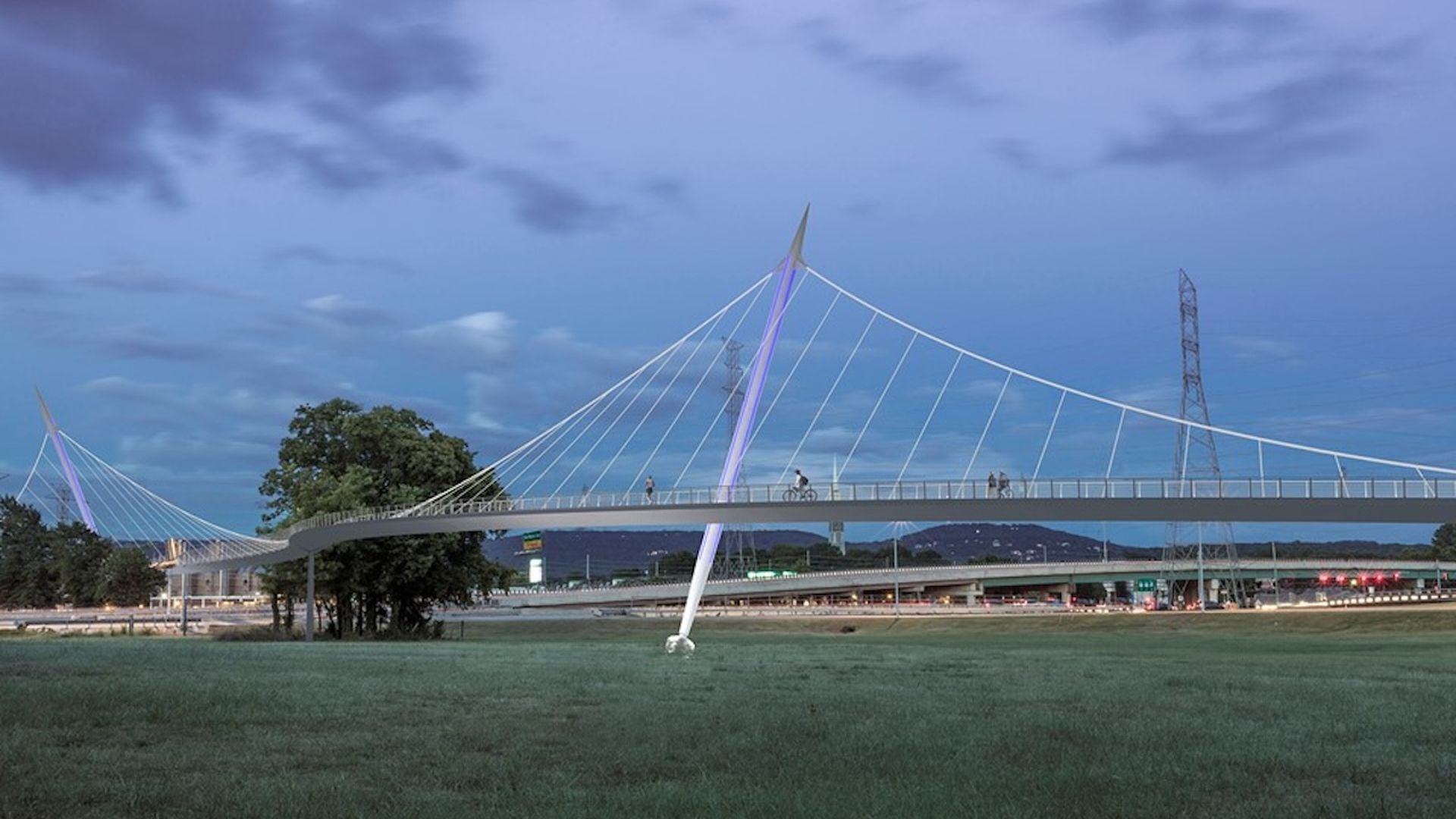 3D rendering of a modern pedestrian bridge with tall white cables and illuminated purple support poles, stretching across a grassy field near a highway during twilight.