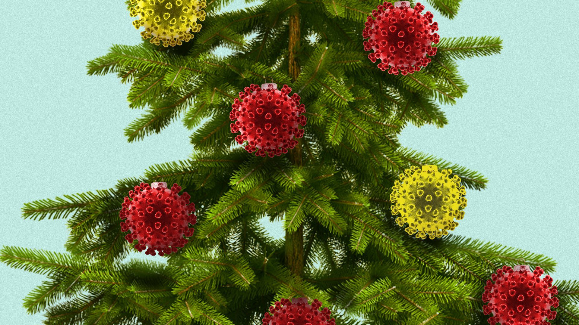 Illustration of a Christmas tree with COVID balls as ornaments. 