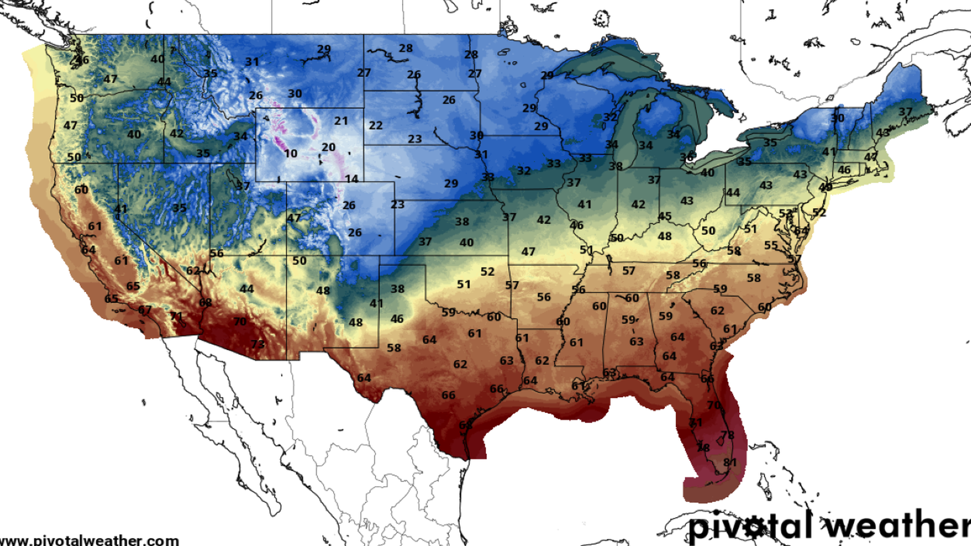 The expected max temperatures in Fahrenheit on Thanksgiving.