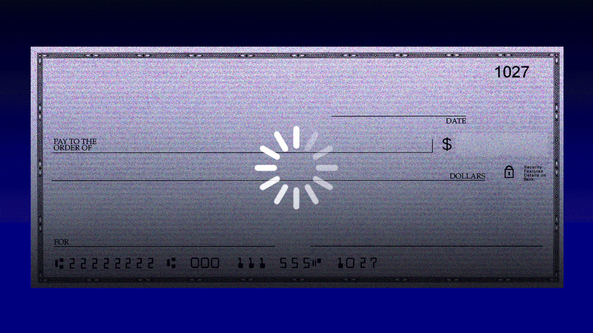 Animated illustration of a personal check lit darkly with a spinning loading symbol in front of it 