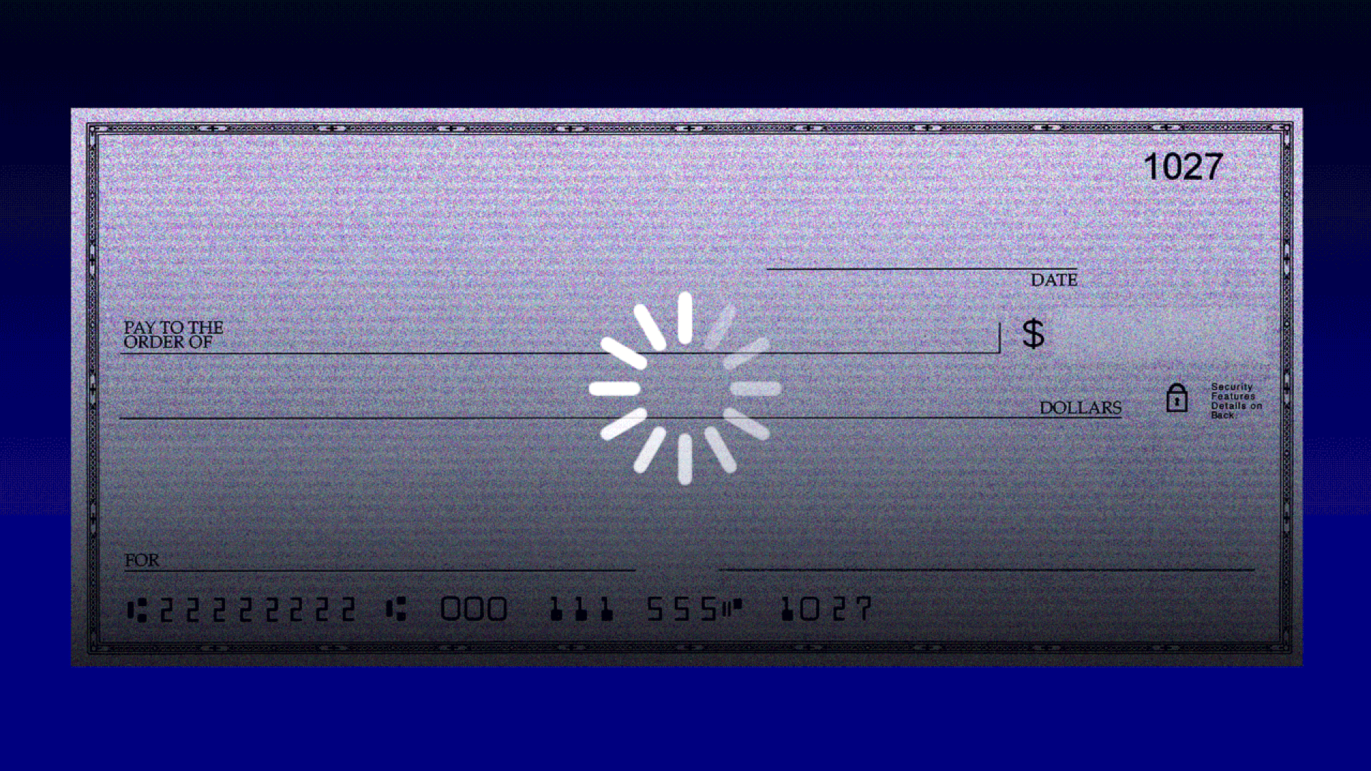 Animated illustration of a personal check lit darkly with a spinning loading symbol in front of it