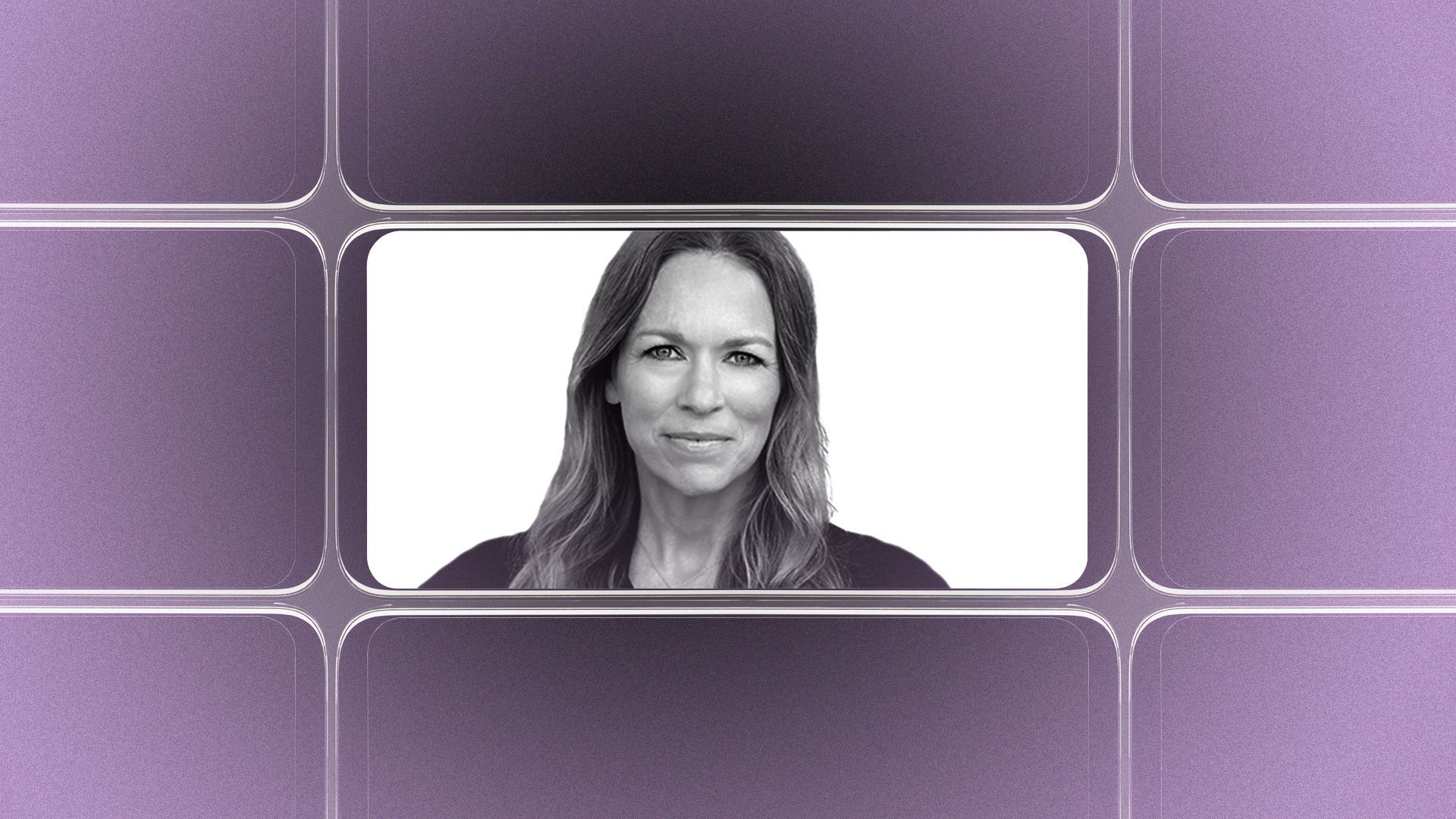 Photo illustration of a grid of smartphone screens, the center one showing an image of Kelly Merryman.