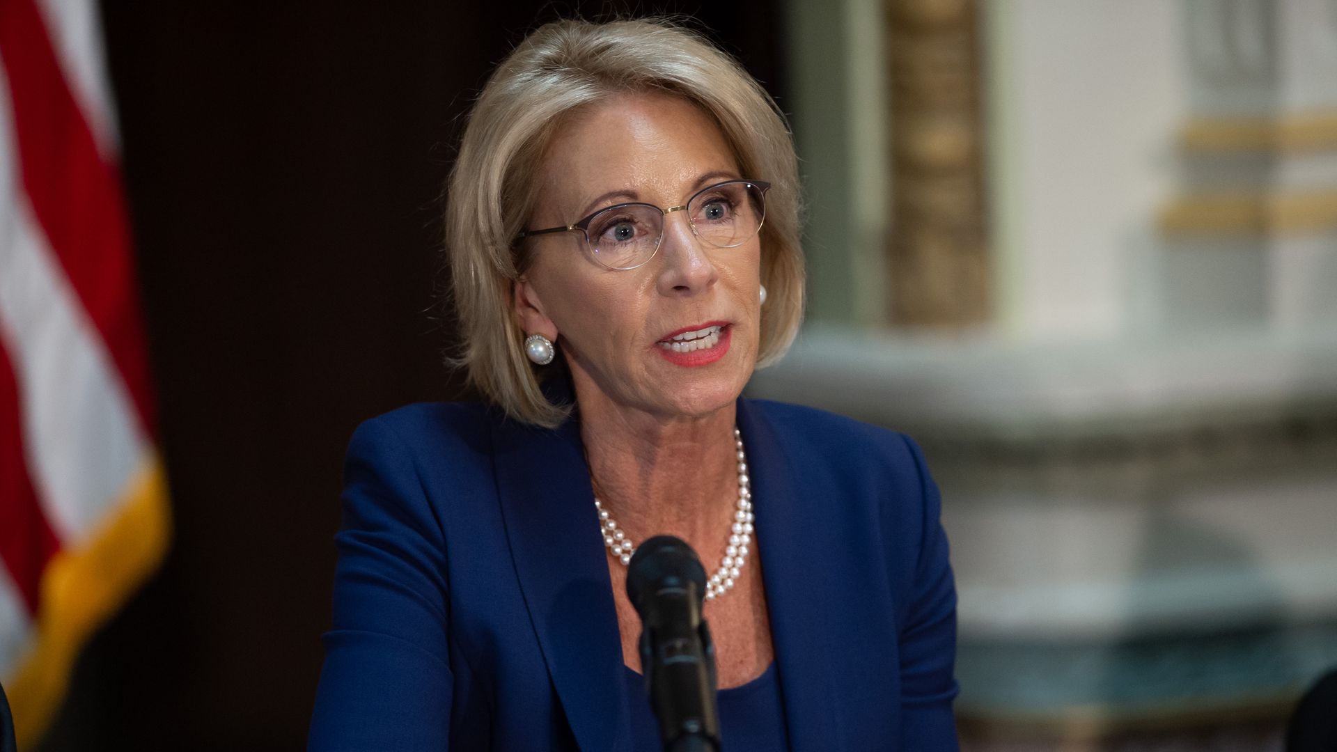 US Secretary of Education Betsy DeVos speaks during the fifth meeting of the Federal Commission on School Safety in Washington, DC, August 16, 2018.