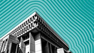 Illustration of Boston City Hall with lines radiating from it.