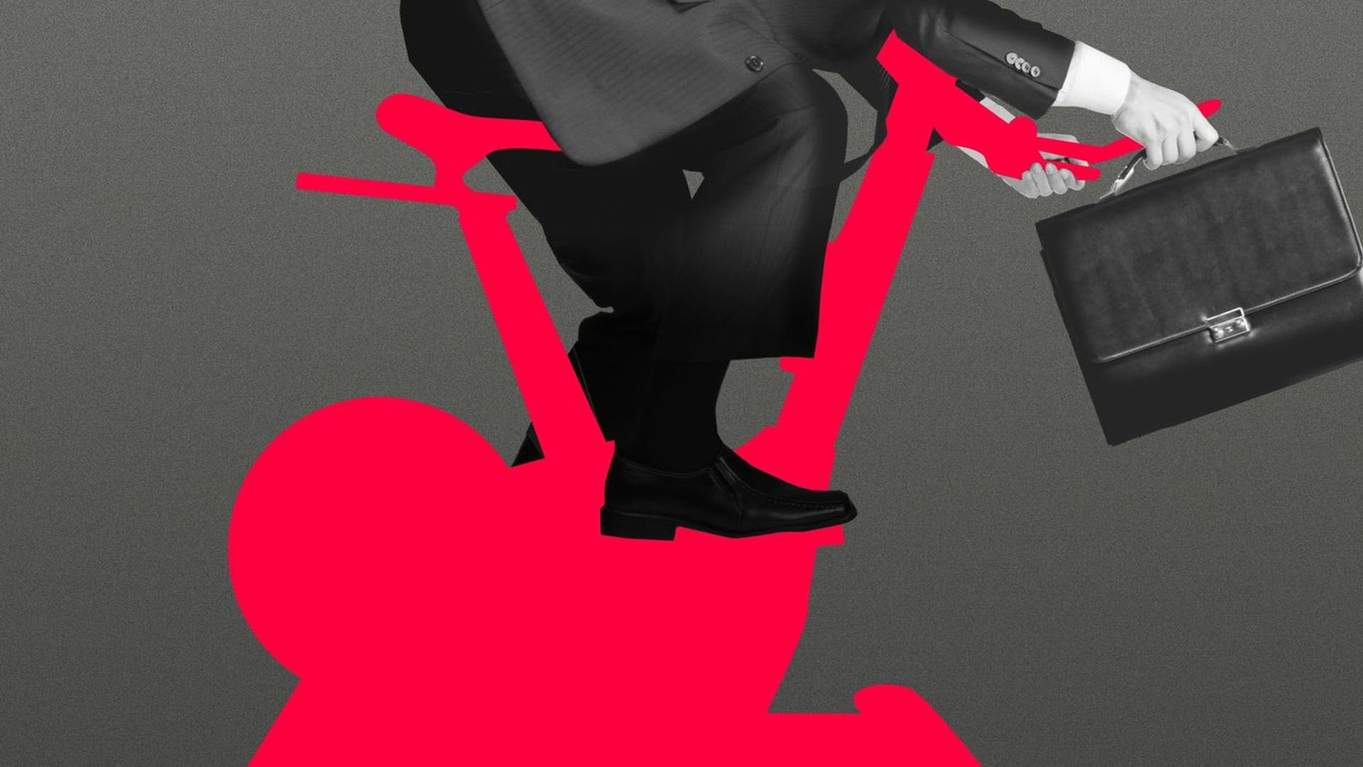 Illustration of a person in business attire holding a briefcase and riding on a red stationary bike.