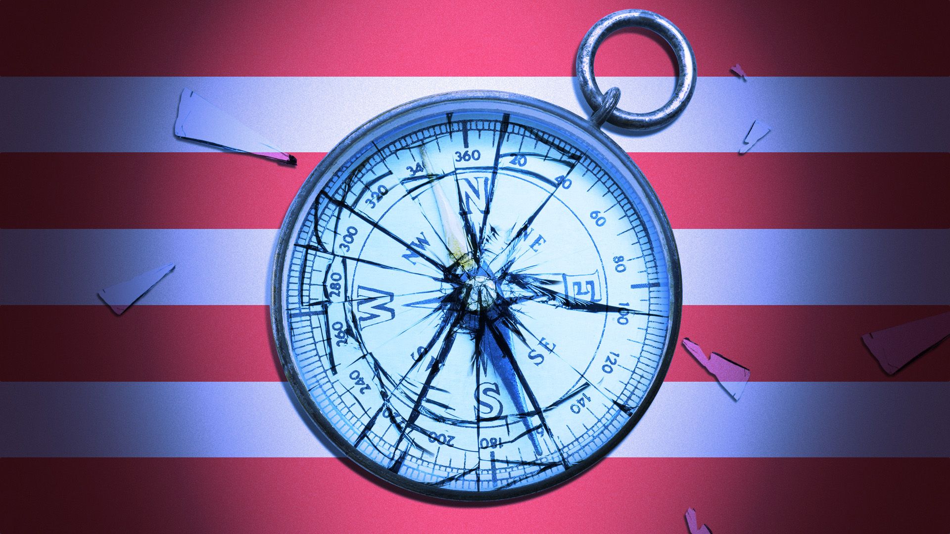 Illustration of a broken compass on stripes resembling an American flag