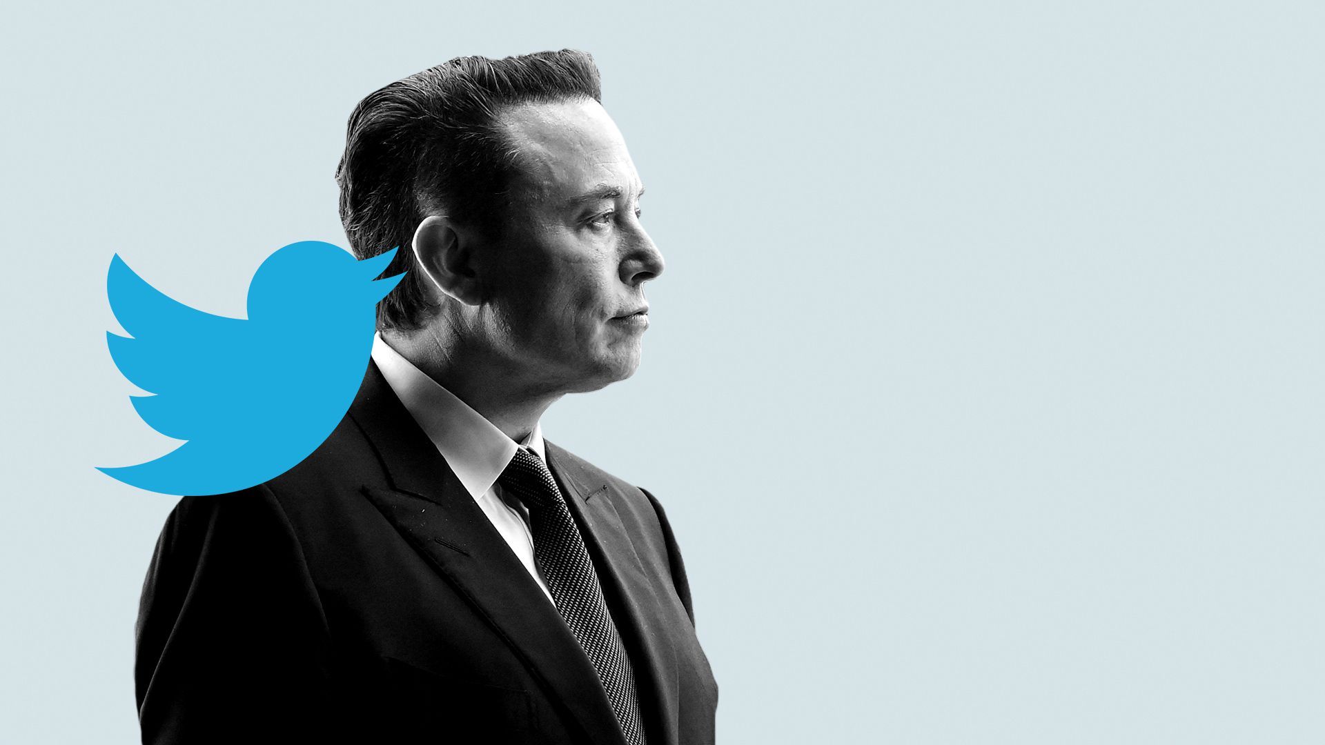 Photo illustration of Elon Musk with the Twitter logo bird on his shoulder