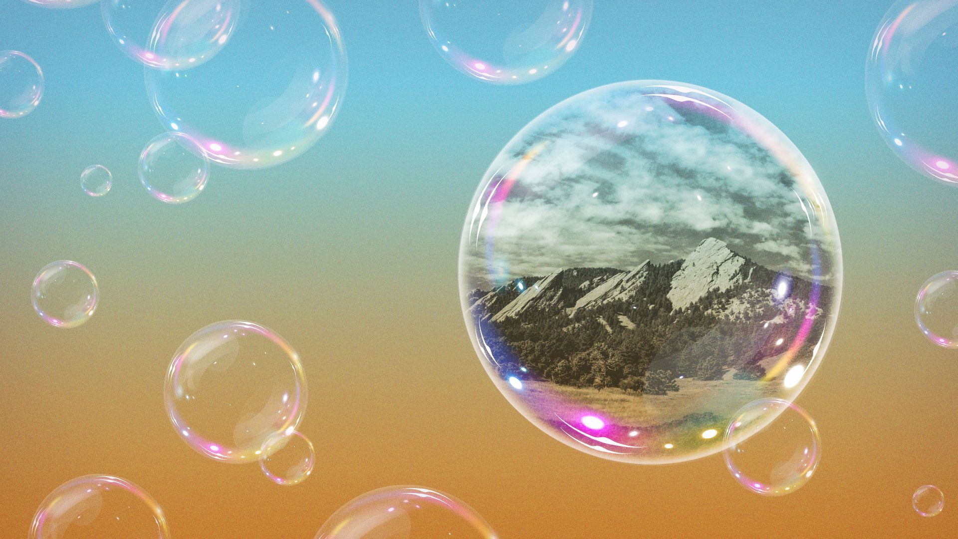 Illustration of a bubble with a reflection of The Flatirons in it.