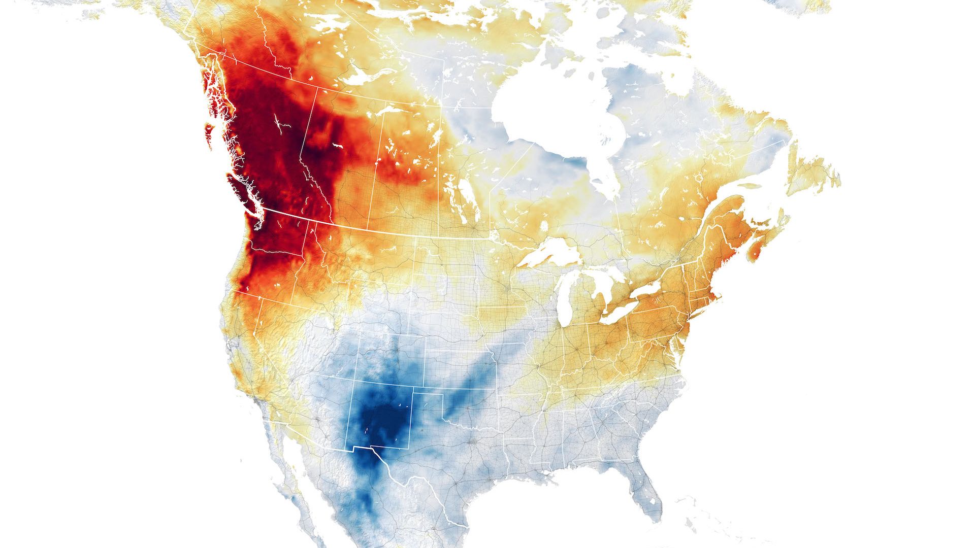 Map of North America showing bright red region where a record heat wave occurred.