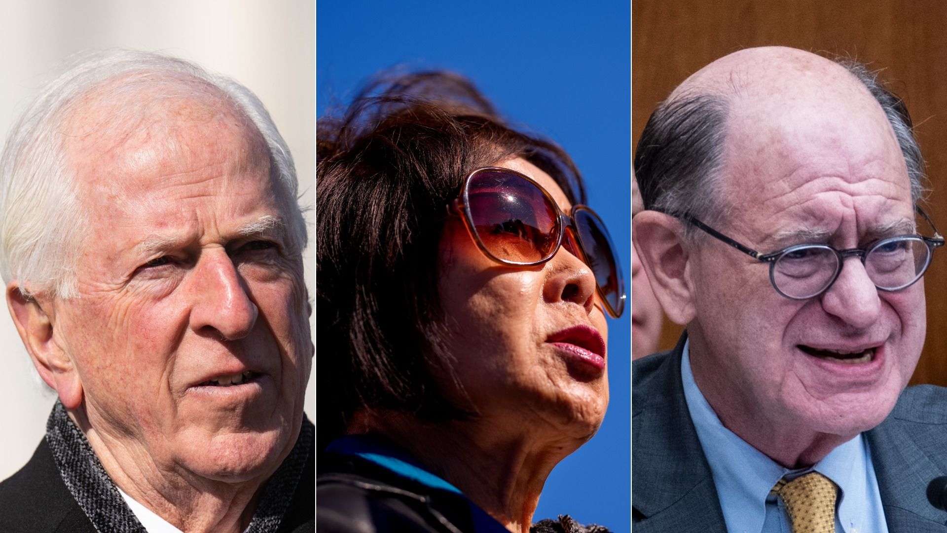 Triptych of three close-up portraits: left a man with white hair, middle a woman wearing large sunglasses against a blue sky, right a man with glasses in a suit.