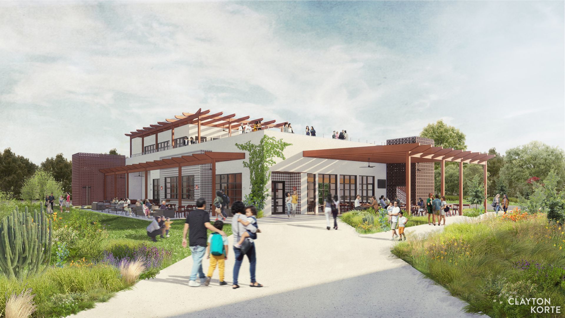 A rendering shows a walkway leading to a two story, beige building with wooden accents.