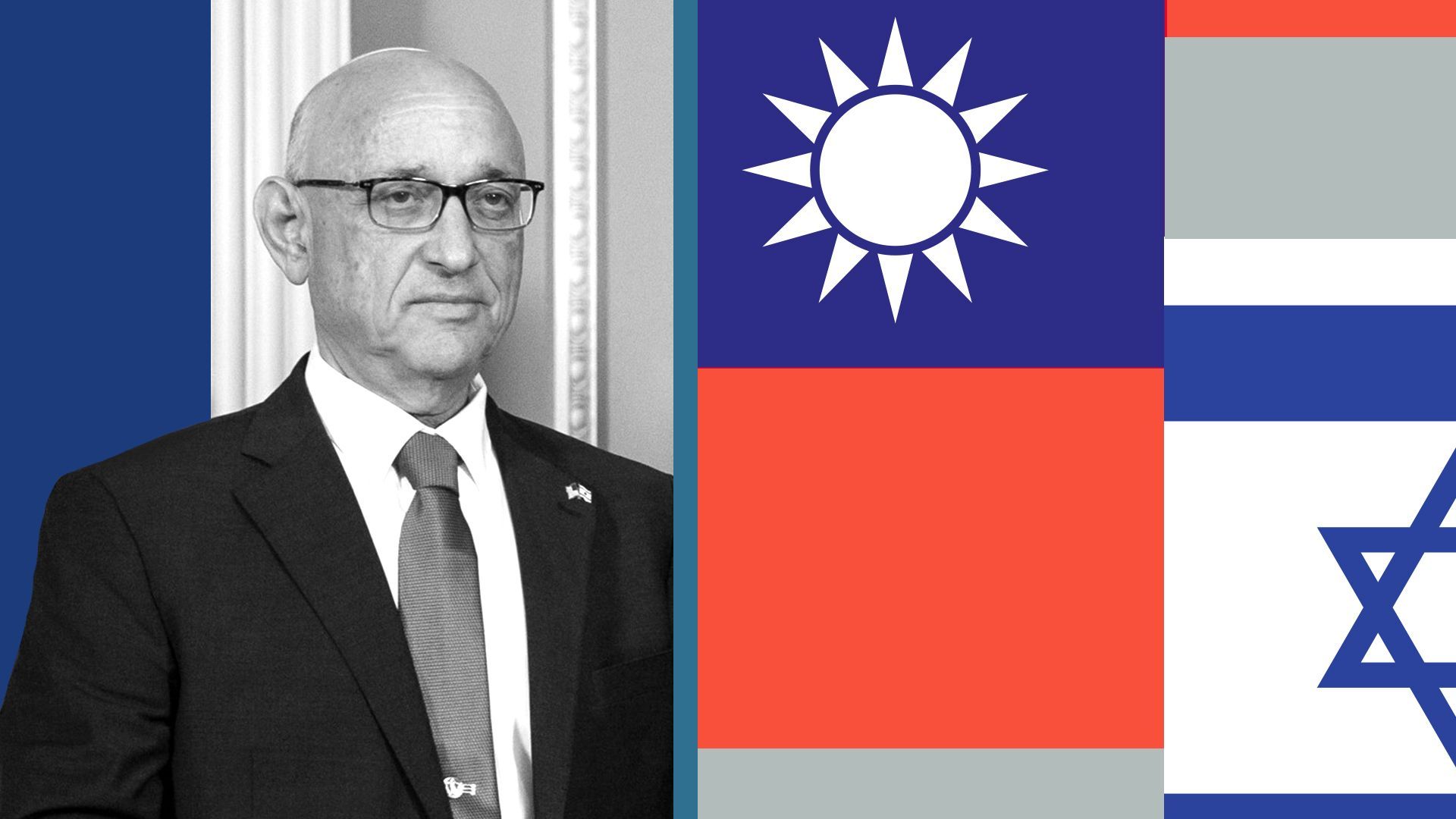 Photo illustration of Jacob Nagel with the Israel and Taiwan flags.