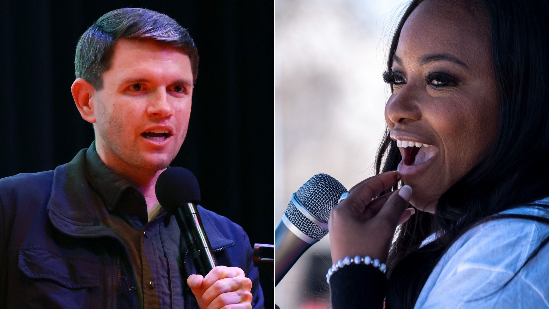 Side-by-side images of a man with brown hair speaking into a microphone against a dark background and a smiling woman with long black hair holding a microphone and touching her chin outdoors.
