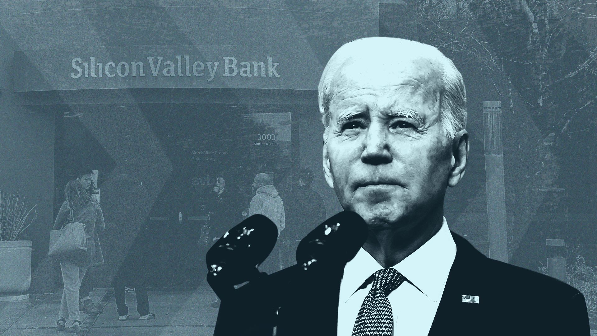 photo illustration of President Joe Biden and SVB bank logos and customers