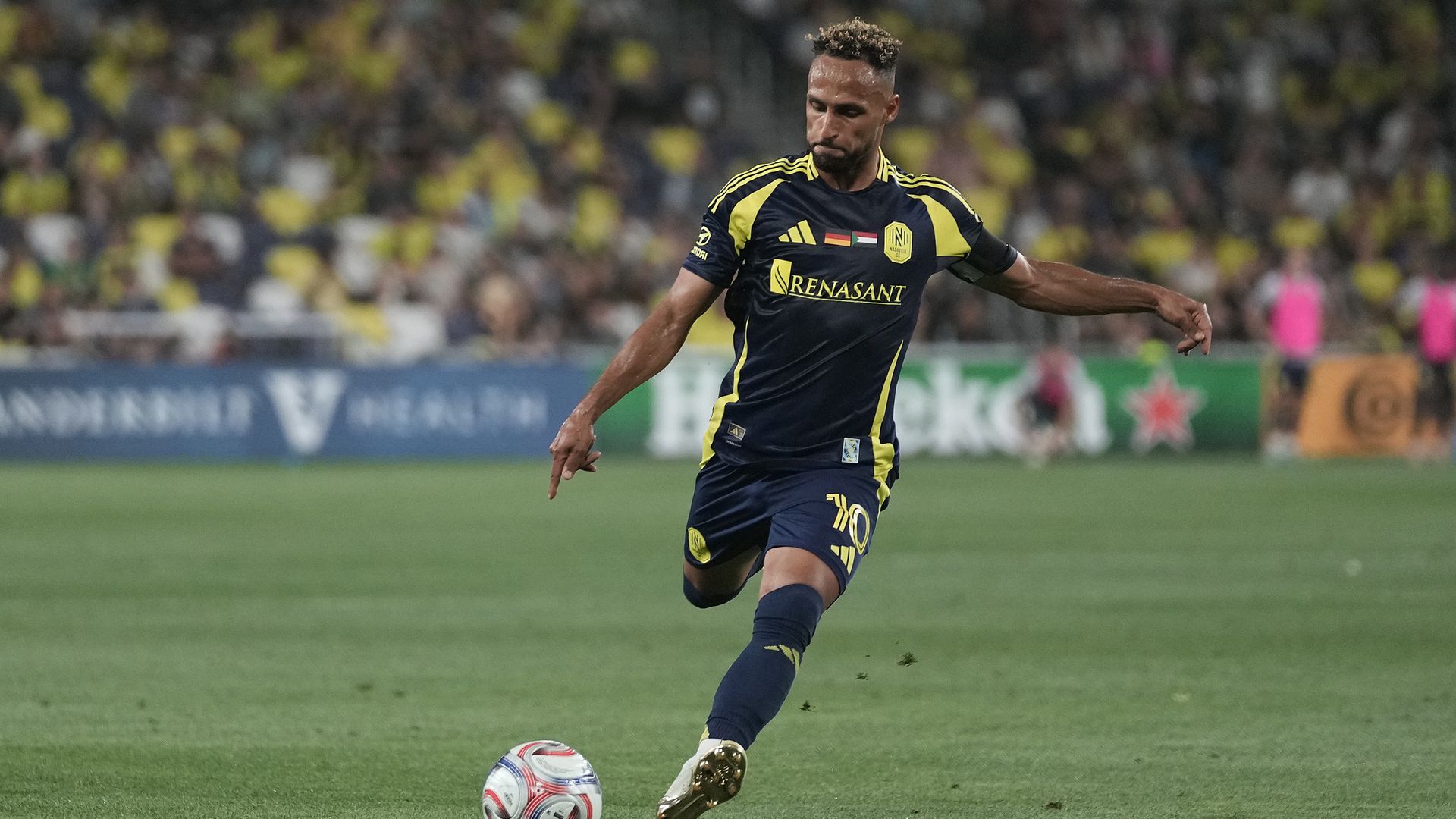 Hany Mukhtar #10 of Nashville SC controls the ball during the MLS match between Nashville SC and New York City FC at GEODIS Park on May 23, 2026 in Nashville, Tennessee. 