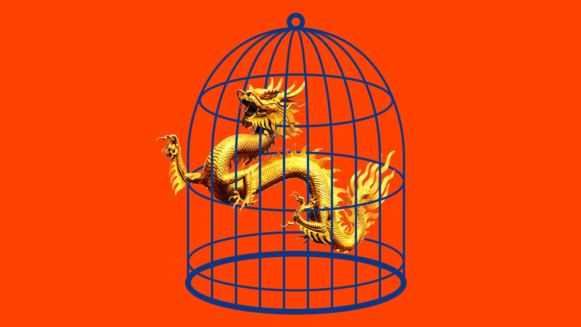 An illustration of a Chinese dragon trapped in a birdcage