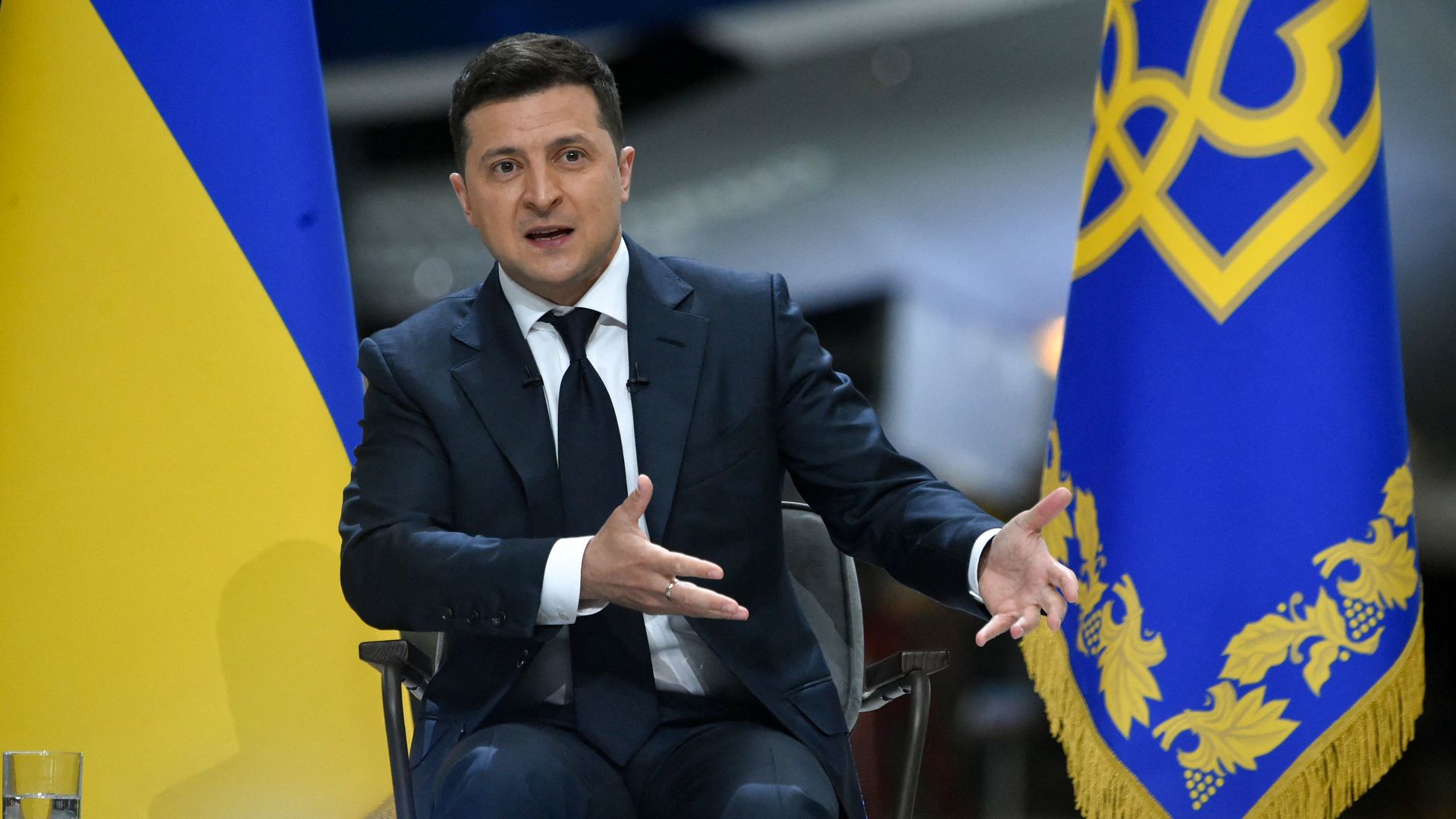 Ukrainian President Volodymyr Zelensky is seen speaking.