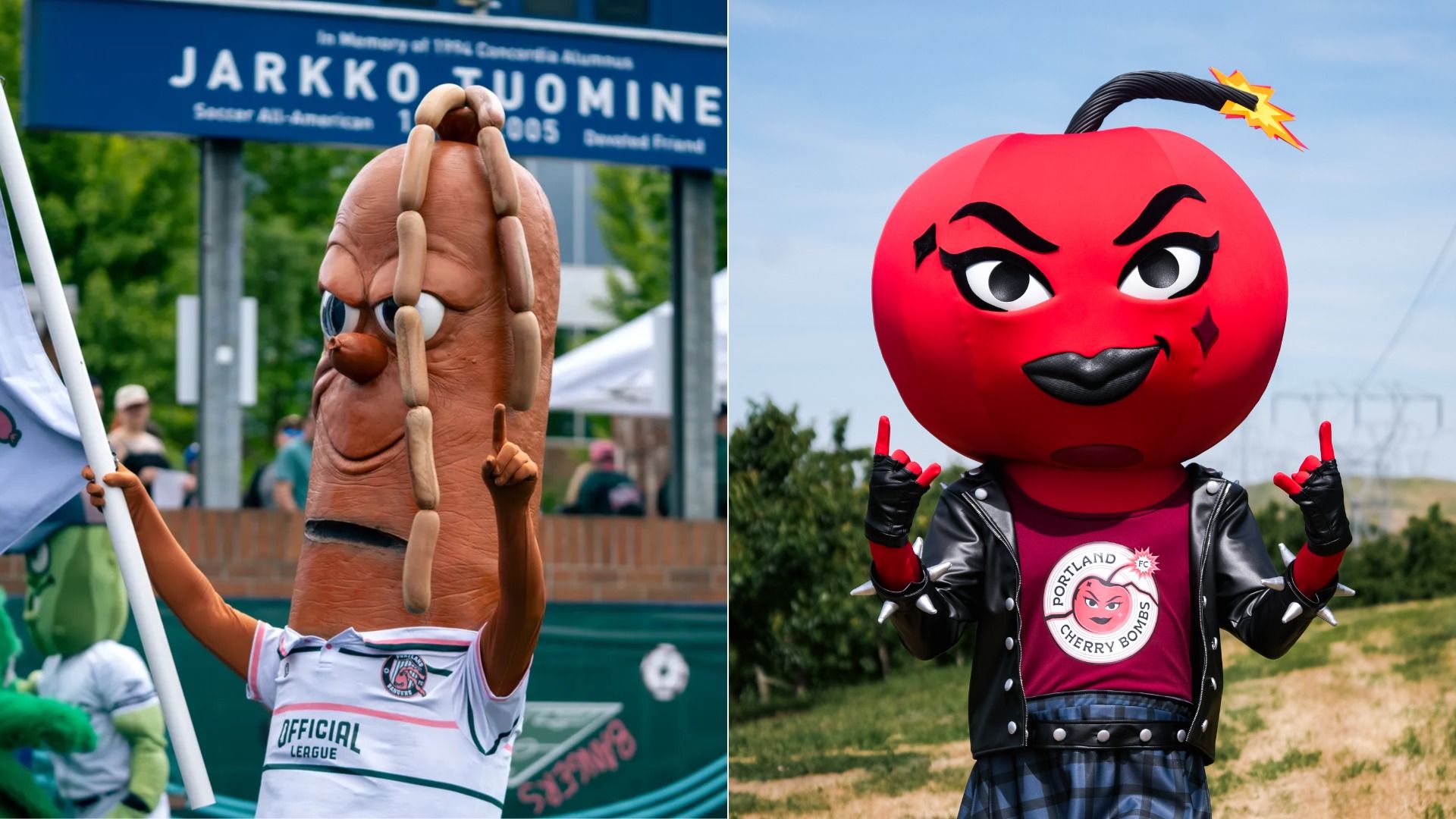 Split image of two festival mascots: left a tall brown sausage figure with sausage limbs over its face; right a red round-headed character in a black leather jacket making rock hand signs.