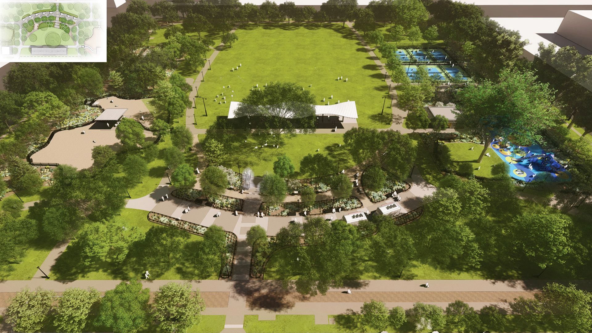 Aerial view of a green park with walking paths, a central lawn, shaded pavilion, playground with blue flooring, tennis courts, and tree-lined sidewalks surrounded by greenery.