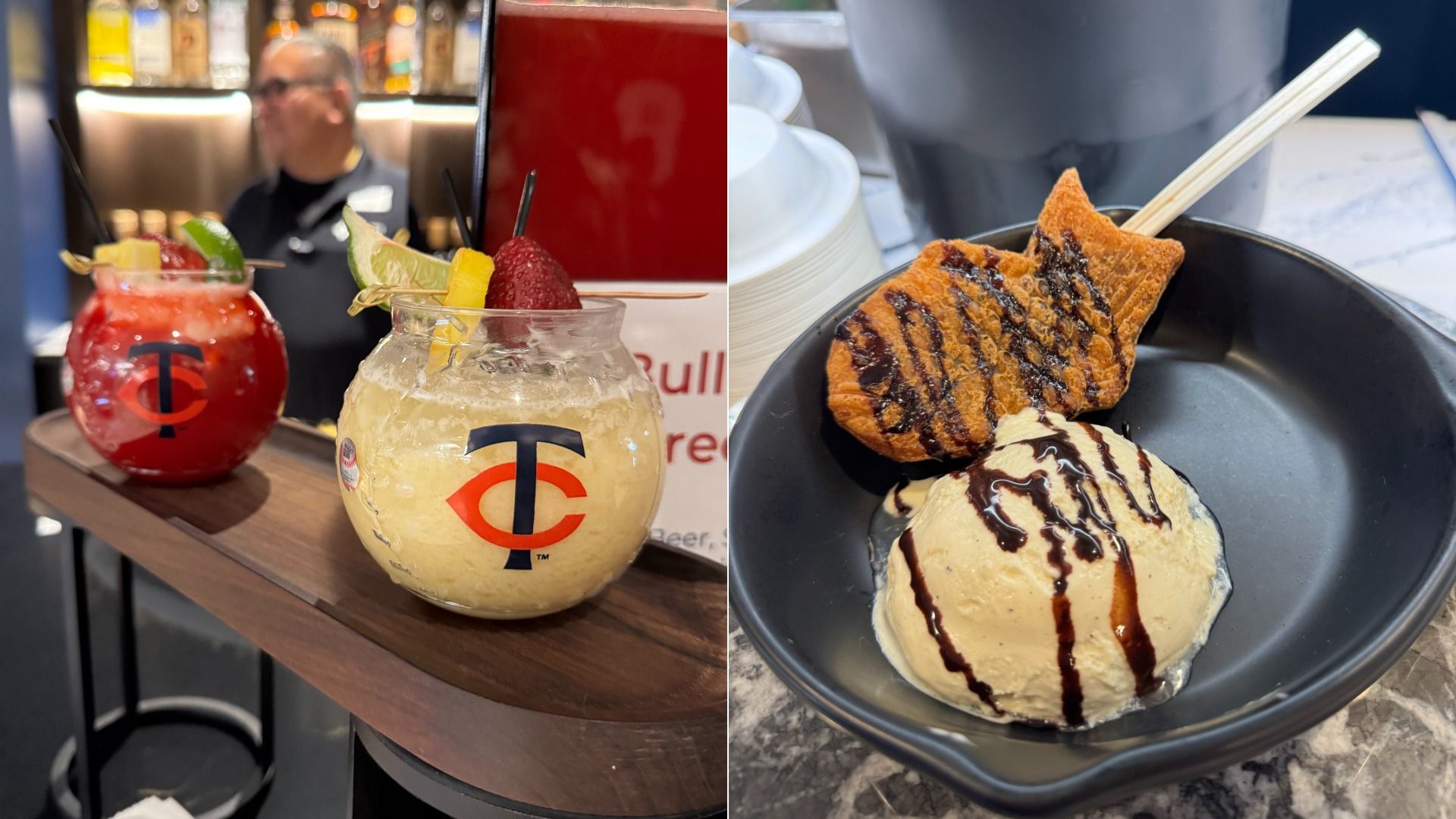 Split image: left shows two round cocktails with a T logo; red drink with lime and pineapple, pale drink with lime. Right shows a black bowl with ice cream drizzled in chocolate and a waffle strip.
