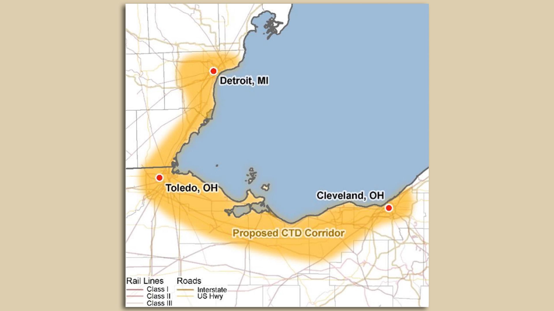 Map showing the proposed CTD Corridor highlighted in orange connecting Detroit, MI; Toledo, OH; and Cleveland, OH, with rail lines and roads marked around Lake Erie.