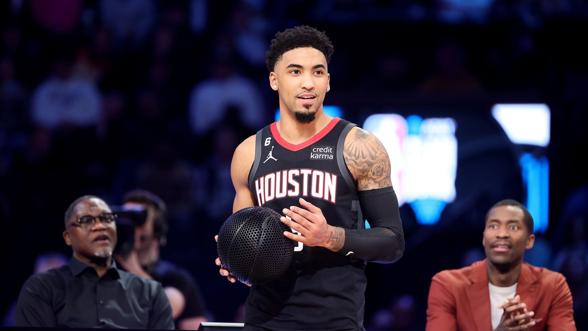 K.J. Martin of the Houston Rockets handles a prototype basketball at the 2023 NBA All Star AT&T Slam Dunk Contest on February 18 in Salt Lake City, Utah.